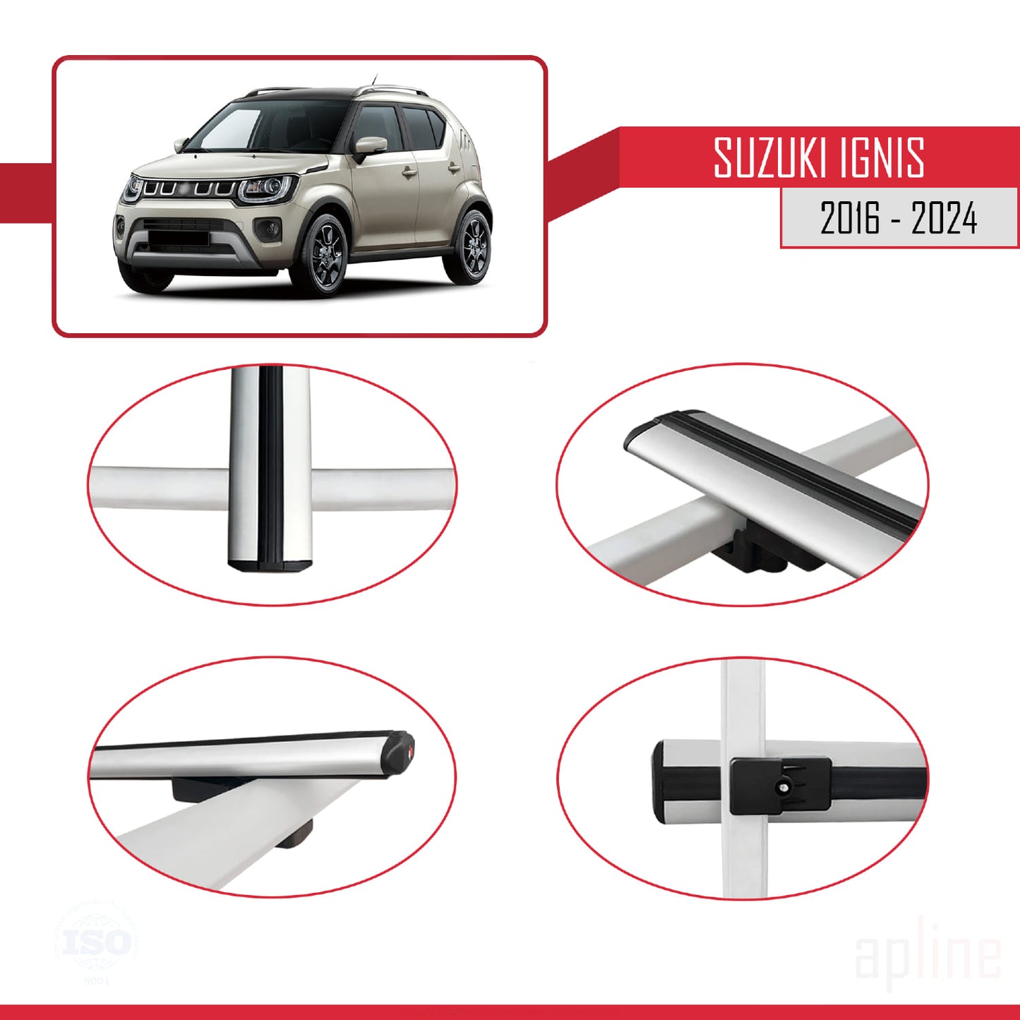 Compatible with Suzuki Ignis 2016-2024 BASIC Model Car Roof Rack Cross Bar Grey Aluminium 2 Bars