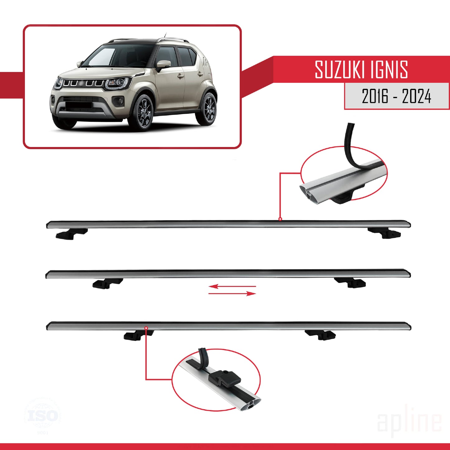 Compatible with Suzuki Ignis 2016-2024 BASIC Model Car Roof Rack Cross Bar Grey Aluminium 2 Bars