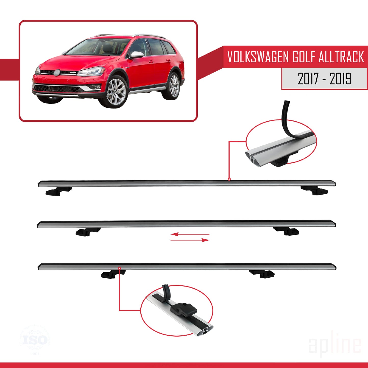 Compatible avec VW Golf Alltrack Mk7 2017-2019 BASIC Model Barres de Toit Railing Porte-Bagages de Voiture Gris Aluminium 2 Barres