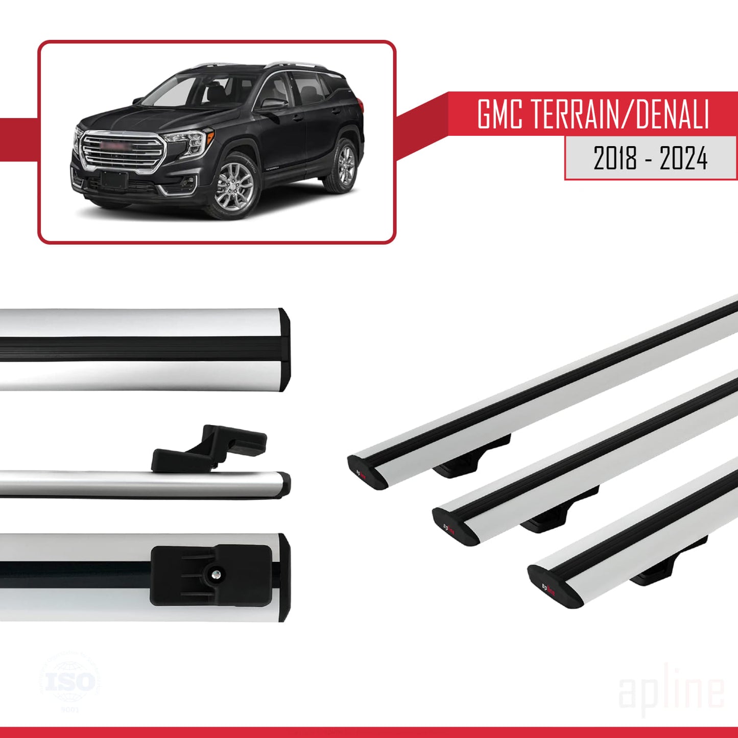 Compatible avec GMC Terrain / Denali 2018-2024 BASIC Model Barres de Toit Railing Porte-Bagages de Voiture Gris Aluminium 3 Barres