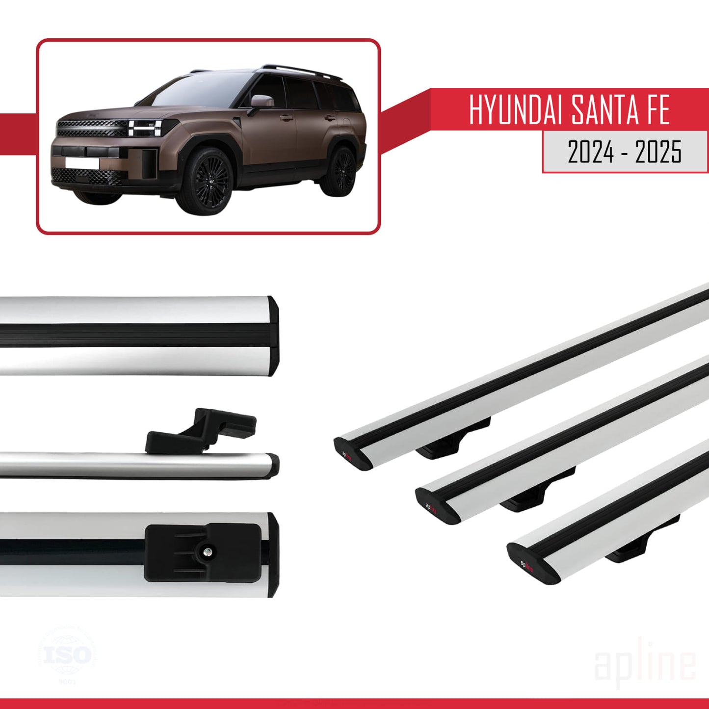Compatible avec Hyundai Santa Fe 2024-2025 BASIC Model Barres de Toit Railing Porte-Bagages de Voiture Gris Aluminium 3 Barres