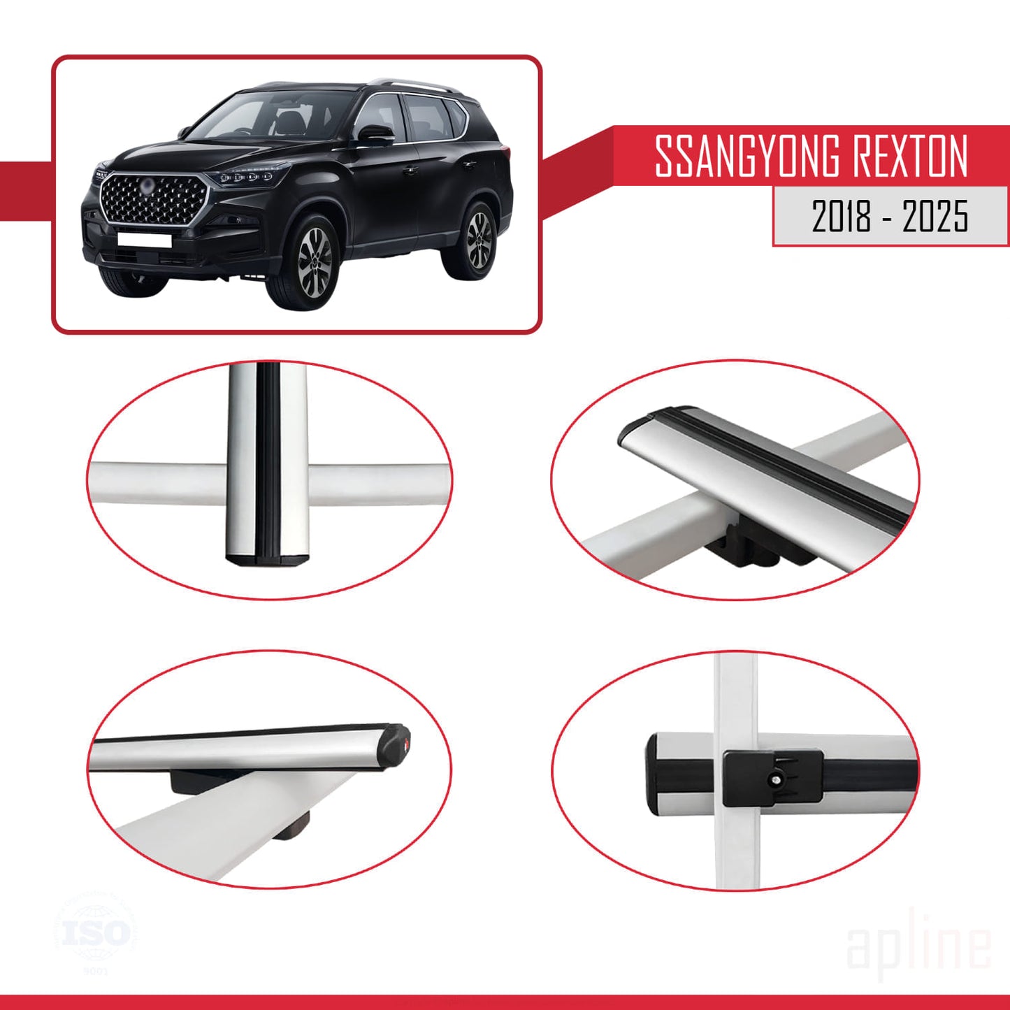 Compatible with SsangYong Rexton 2018-2025 BASIC Model Car Roof Rack Cross Bar Grey Aluminium 2 Bars