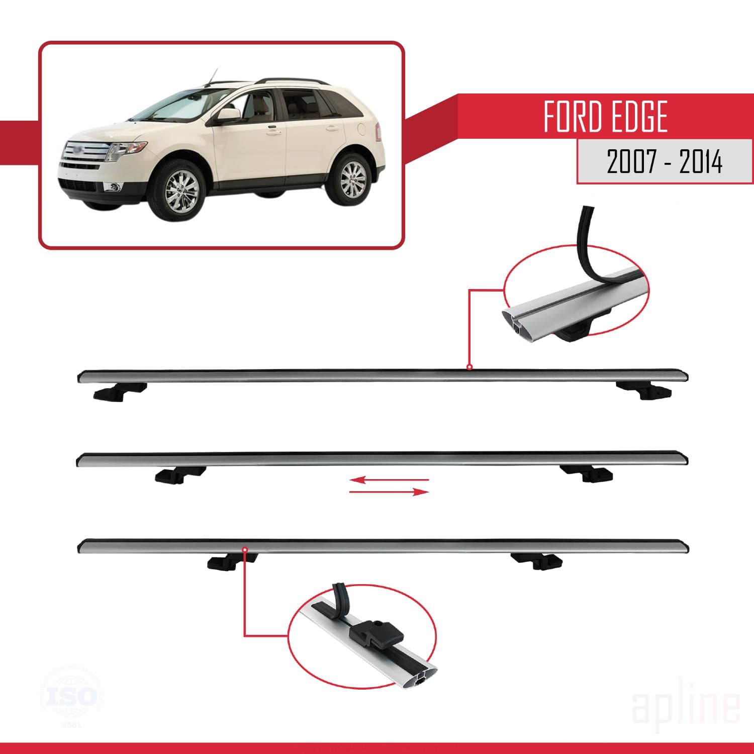 Compatible avec Ford Edge 2007-2014 BASIC Model Barres de Toit Railing Porte-Bagages de Voiture Gris Aluminium 3 Barres