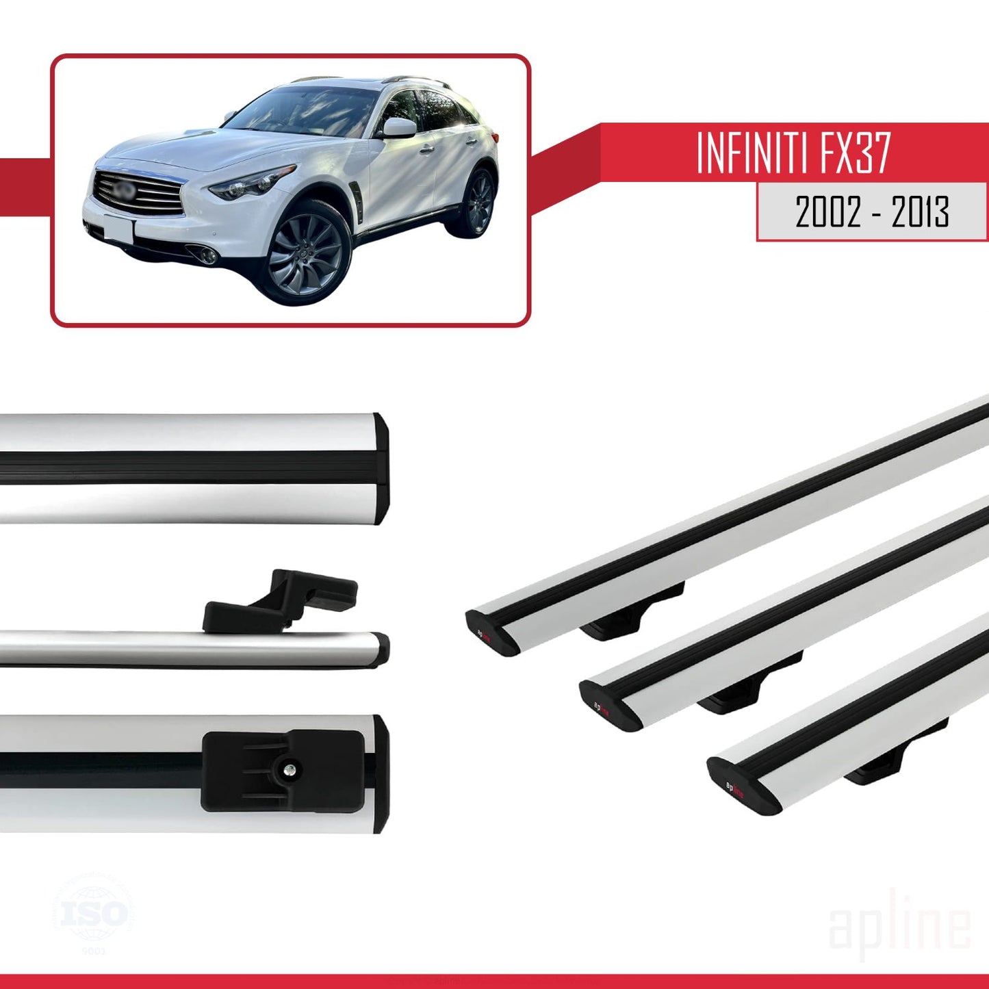 Compatible avec Infiniti FX37 2002-2013 BASIC Model Barres de Toit Railing Porte-Bagages de Voiture Gris Aluminium 3 Barres