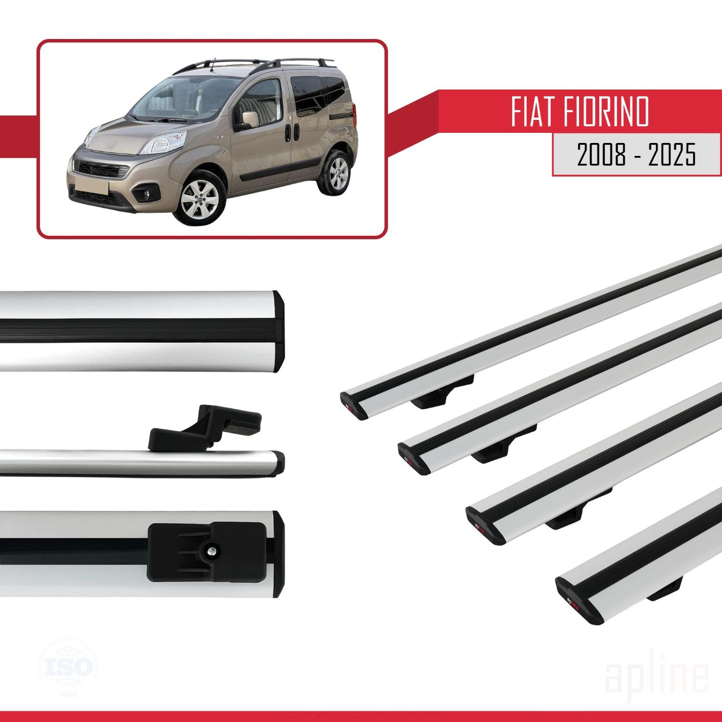 Compatible avec Fiat Fiorino (Modèle Tubulaire) 2008-2025 BASIC Model Barres de Toit Railing Porte-Bagages de Voiture Gris Aluminium 4 Barres