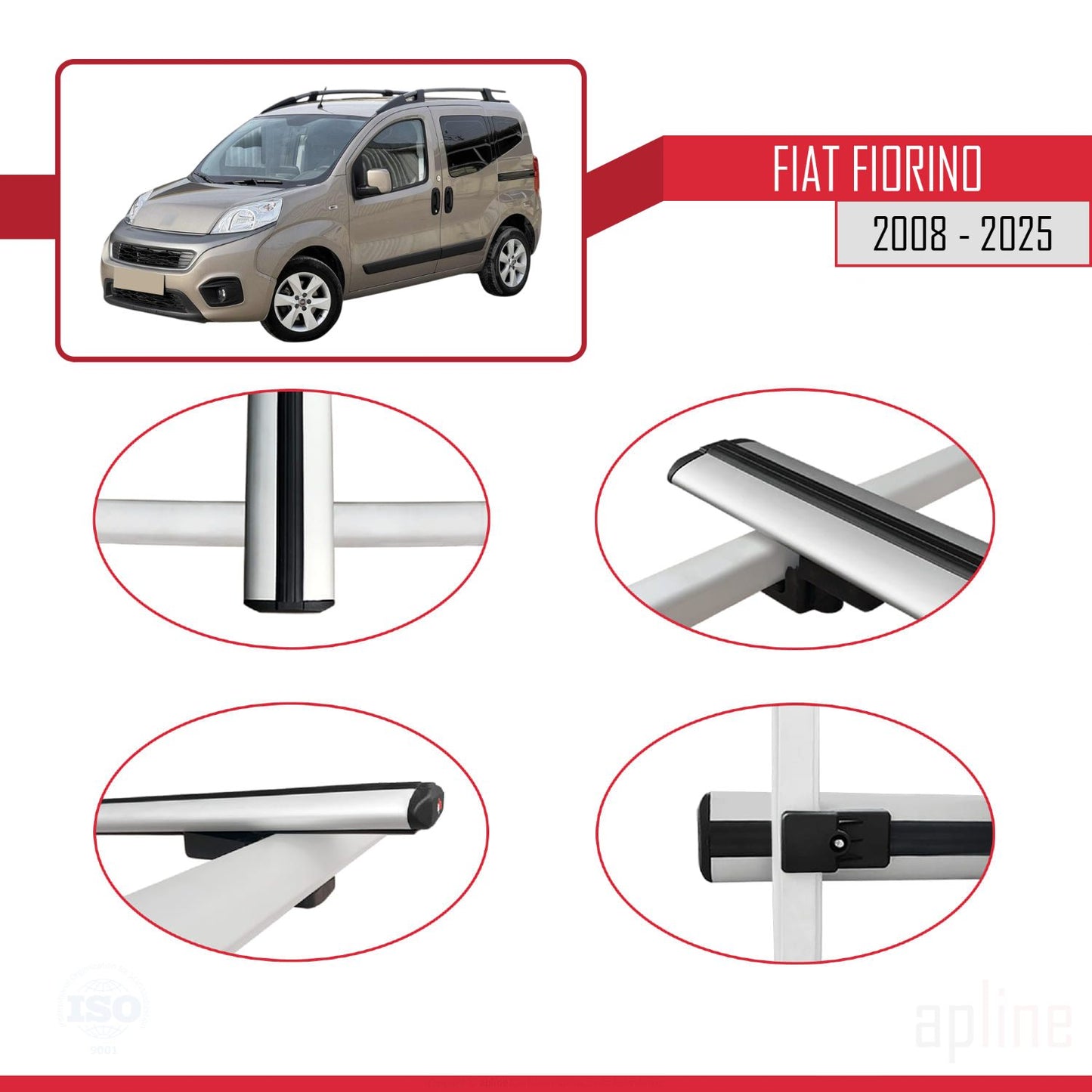 Compatible avec Fiat Fiorino (Modèle Tubulaire) 2008-2025 BASIC Model Barres de Toit Railing Porte-Bagages de Voiture Gris Aluminium 2 Barres