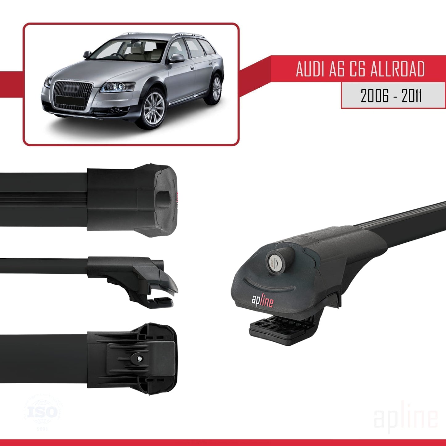 Compatible avec A6 (C6) Allroad 2006-2011 ACE-1 Barres de Toit Railing Porte-Bagages de Voiture Noir Aluminium 3 Barres