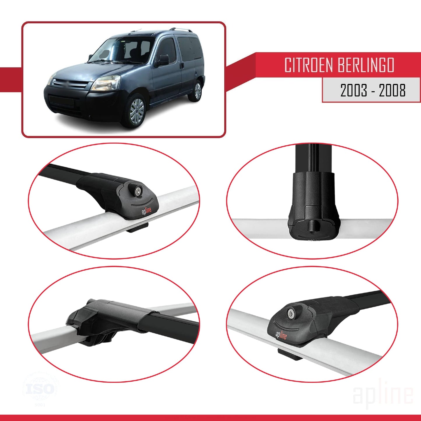 Compatible avec Citroen Berlingo (M59) 2003-2008 ACE-1 Barres de Toit Railing Porte-Bagages de Voiture Noir Aluminium 3 Barres