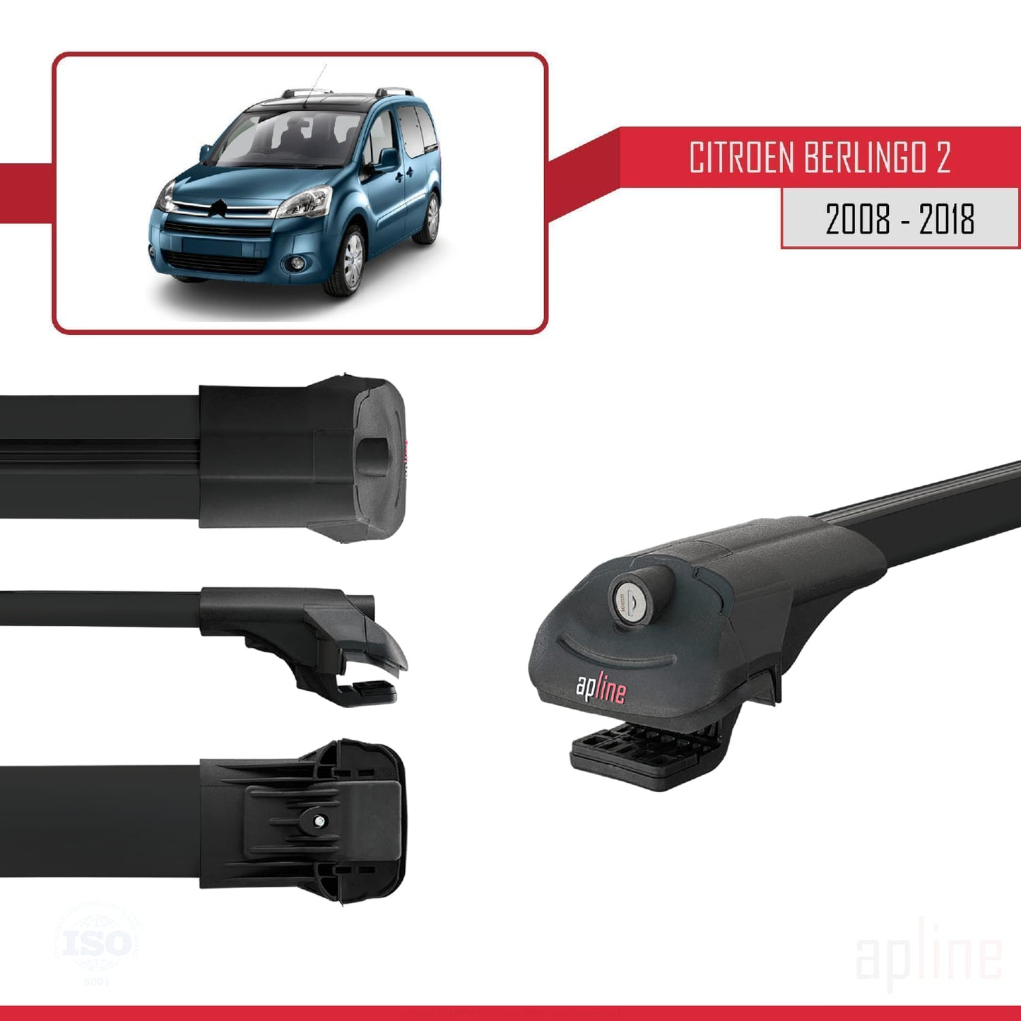Compatible with Citroen Berlingo 2 (B9) 2008-2018 ACE-1 Car Roof Rack Cross Bar Black Aluminium 4 Bars