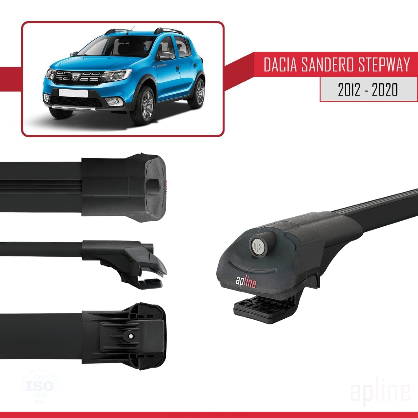 Compatible avec Dacia Sandero Stepway 2 2012-2020 ACE-1 Barres de Toit Railing Porte-Bagages de Voiture Noir Aluminium 3 Barres