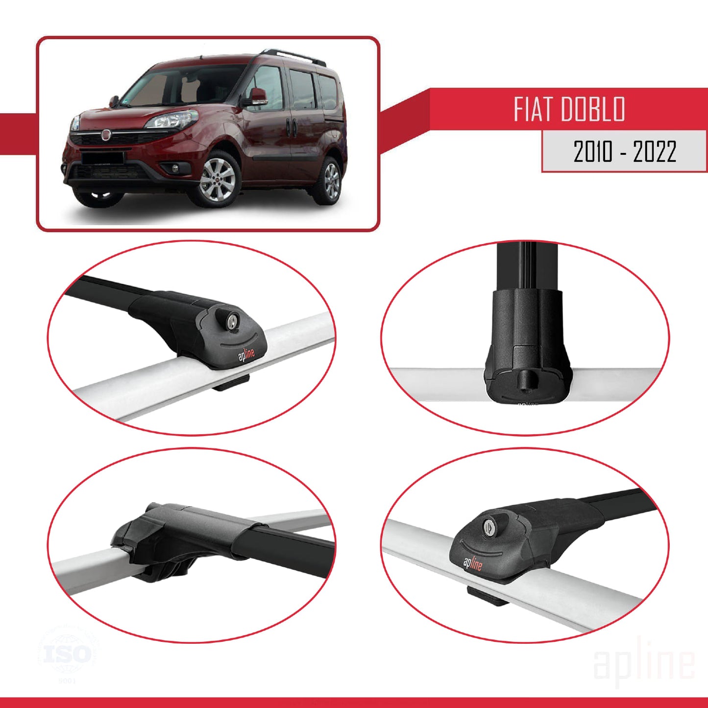 Compatible avec Fiat Doblo 2 2010-2022 ACE-1 Barres de Toit Railing Porte-Bagages de Voiture Noir Aluminium 4 Barres