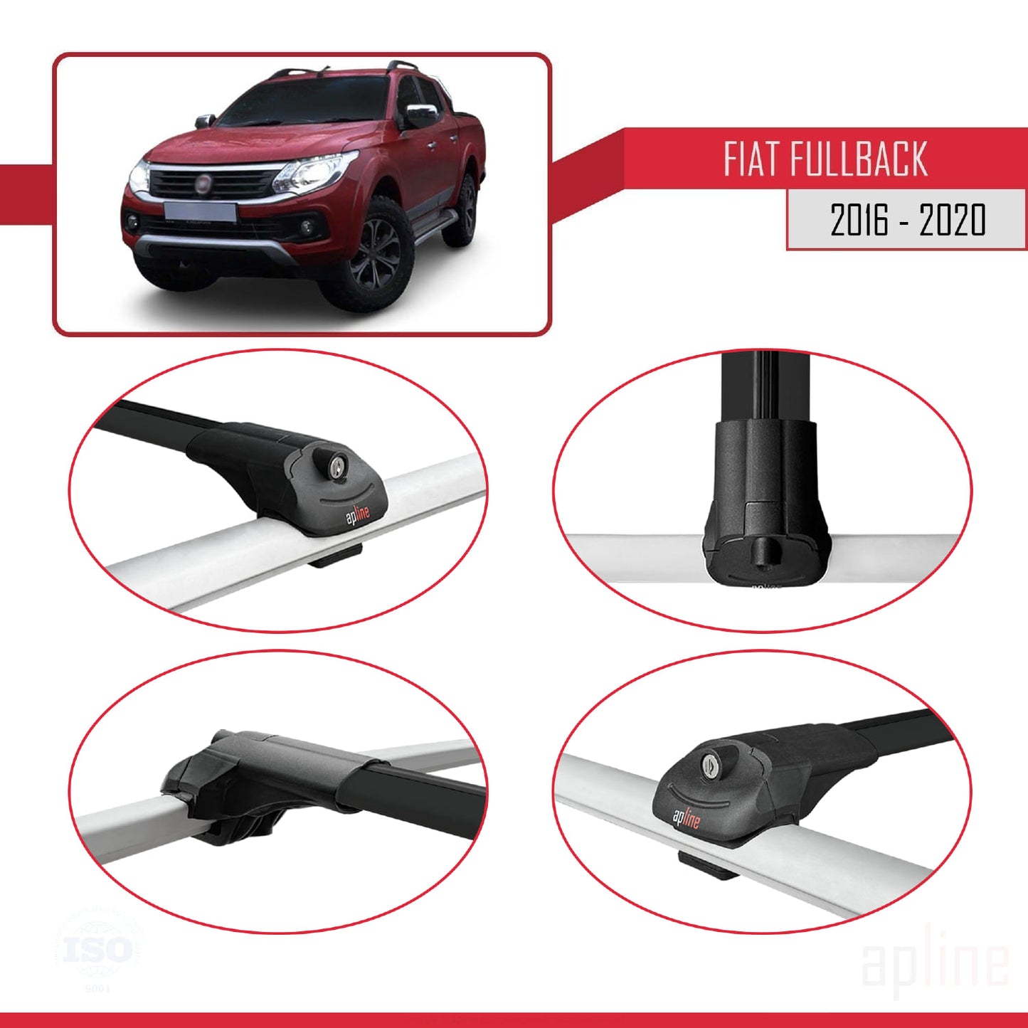 Compatible avec Fiat Fullback 2016-2020 ACE-1 Barres de Toit Railing Porte-Bagages de Voiture Noir Aluminium 2 Barres