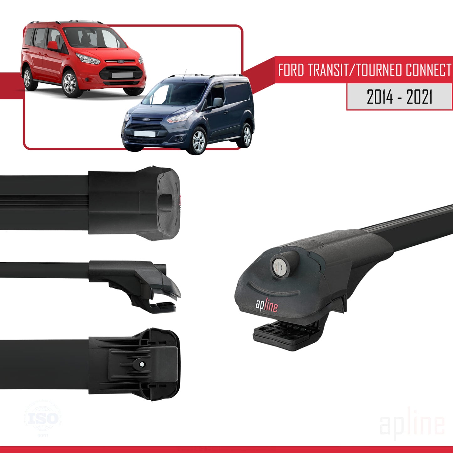 Compatible with Ford Transit/Tourneo Connect 2 2014-2021 ACE-1 Car Roof Rack Cross Bar Black Aluminium 3 Bars