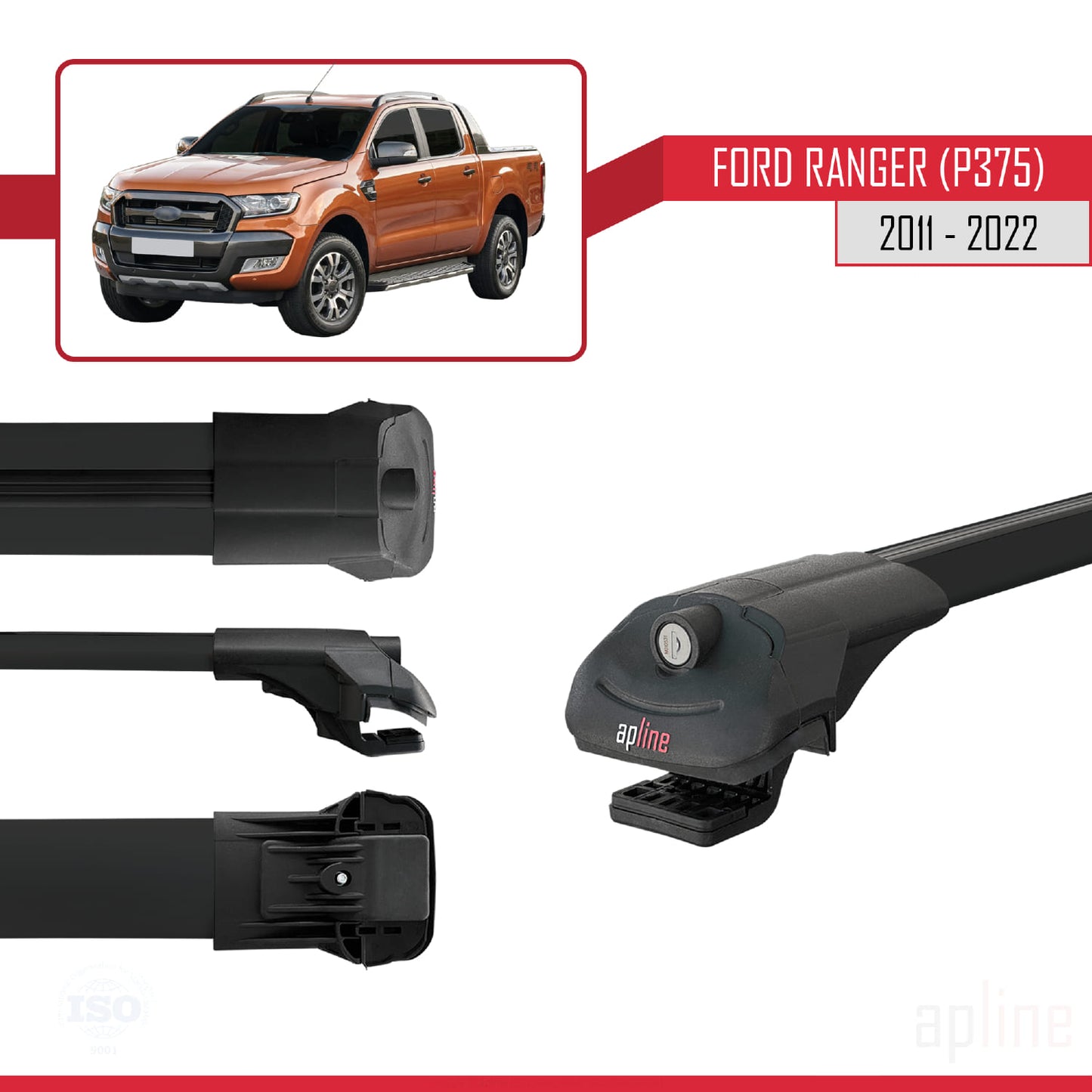 Compatible with Ford Ranger (P375) 2011-2022 ACE-1 Car Roof Rack Cross Bar Black Aluminium 3 Bars