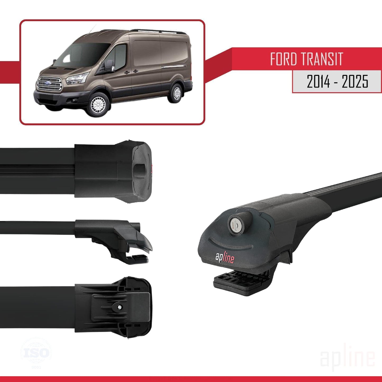 Compatible avec Ford Transit 2014-2025 ACE-1 Barres de Toit Railing Porte-Bagages de Voiture Noir Aluminium 2 Barres