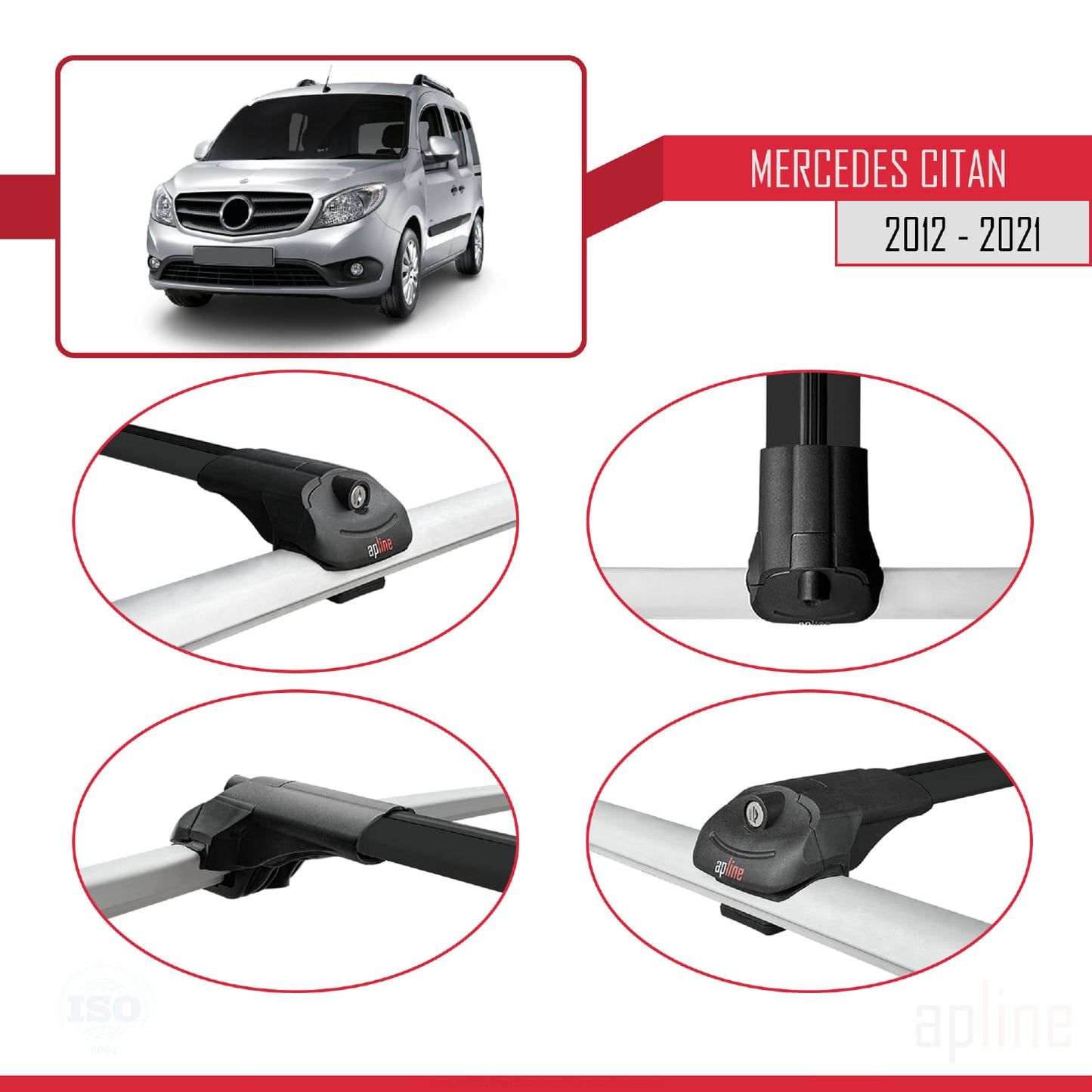 Compatible avec Mercedes Citan (W415) 2012-2021 ACE-1 Barres de Toit Railing Porte-Bagages de Voiture Noir Aluminium 2 Barres