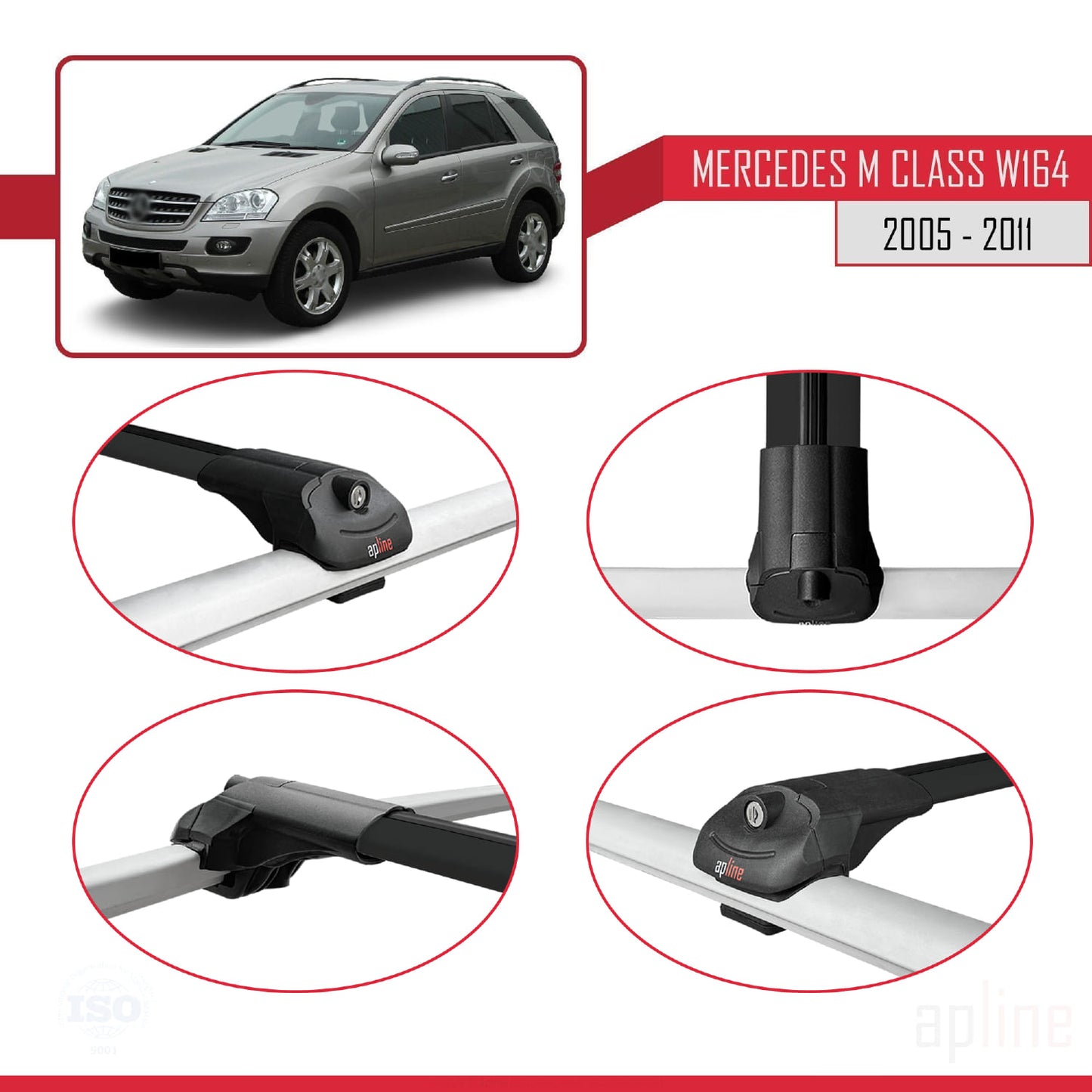 Compatible with Mercedes M Class 2 (W164) 2005-2011 ACE-1 Car Roof Rack Cross Bar Black Aluminium 3 Bars