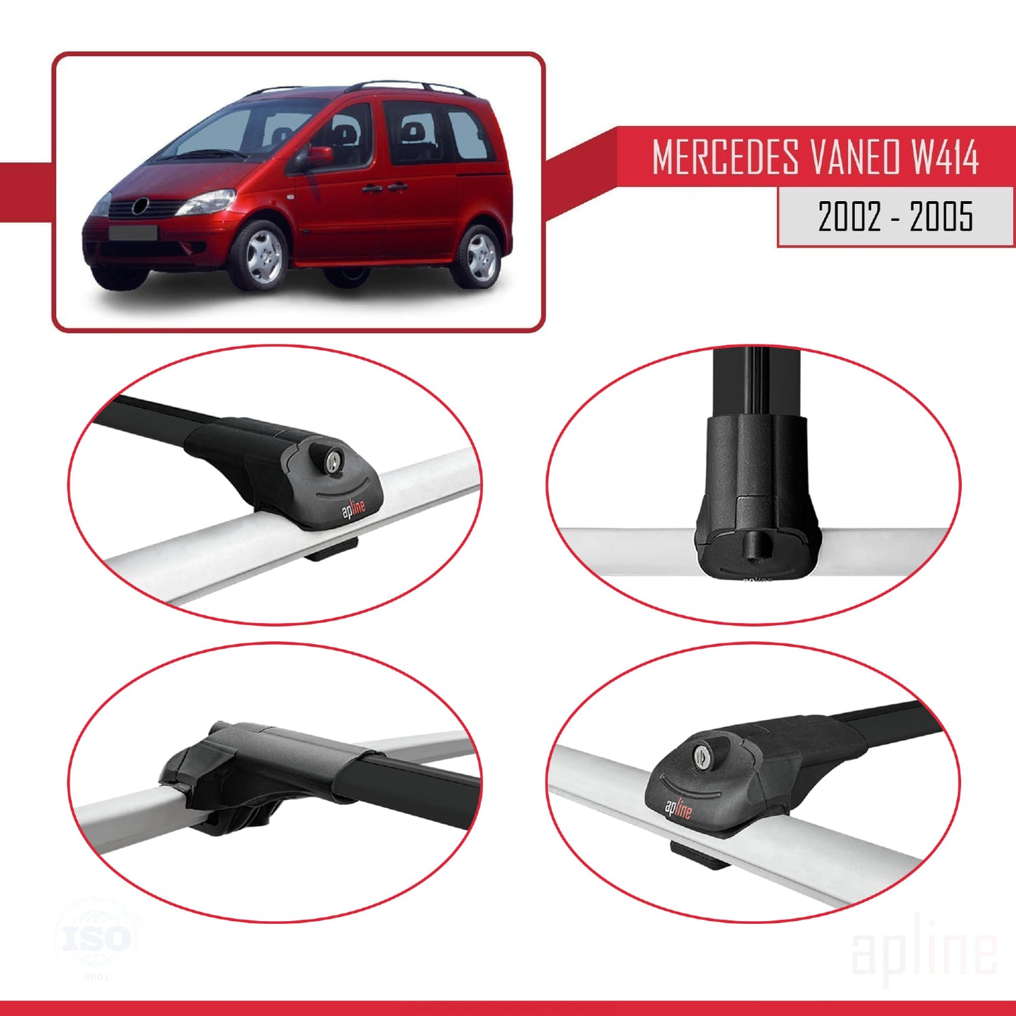 Compatible avec Mercedes Vaneo (W414) 2002-2005 ACE-1 Barres de Toit Railing Porte-Bagages de Voiture Noir Aluminium 4 Barres