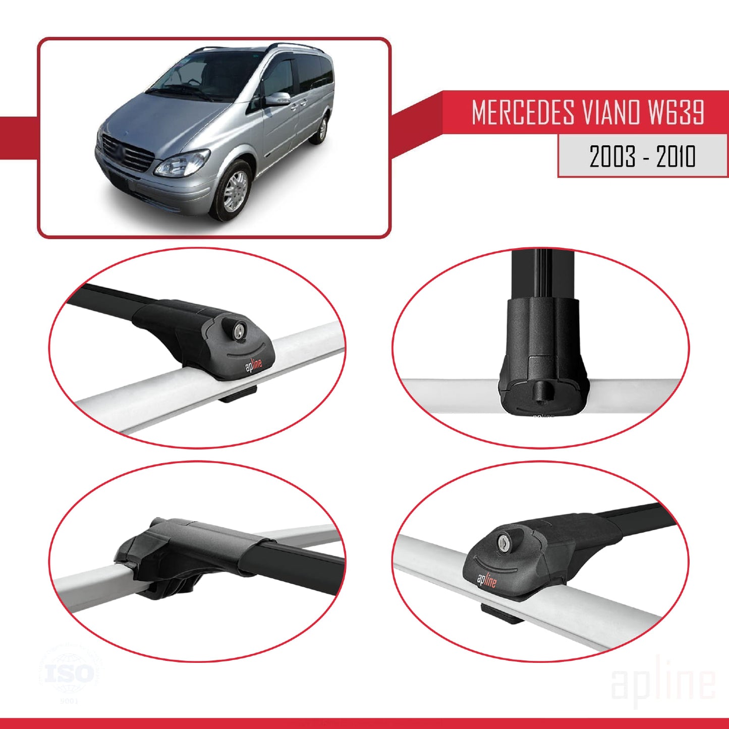 Compatible avec Mercedes Viano 2 (W639) Pre-Facelift 2003-2010 ACE-1 Barres de Toit Railing Porte-Bagages de Voiture Noir Aluminium 3 Barres