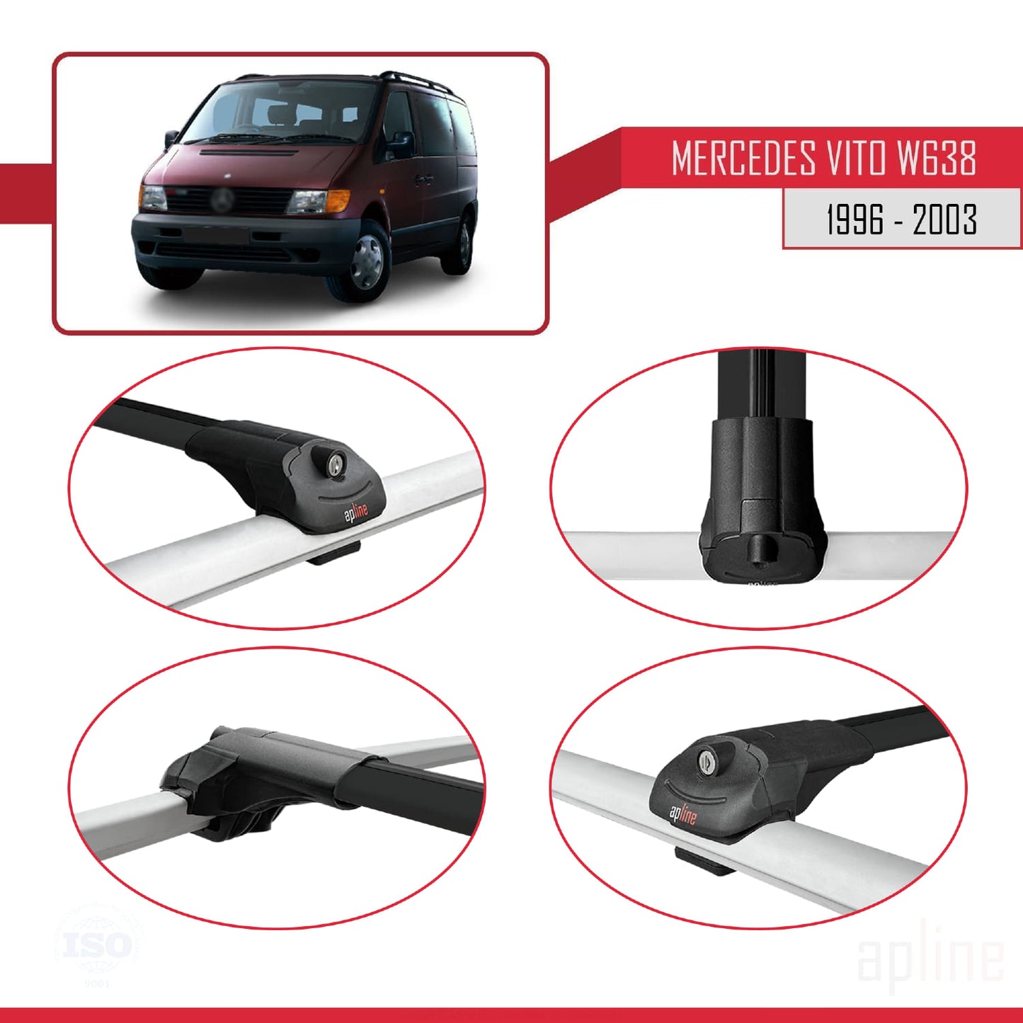 Compatible with Mercedes Vito (W638) 1996-2003 ACE-1 Car Roof Rack Cross Bar Black Aluminium 3 Bars