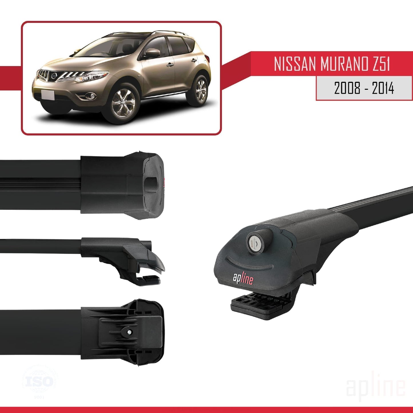 Compatible avec Nissan Murano 2 (Z51) 2008-2014 ACE-1 Barres de Toit Railing Porte-Bagages de Voiture Noir Aluminium 3 Barres