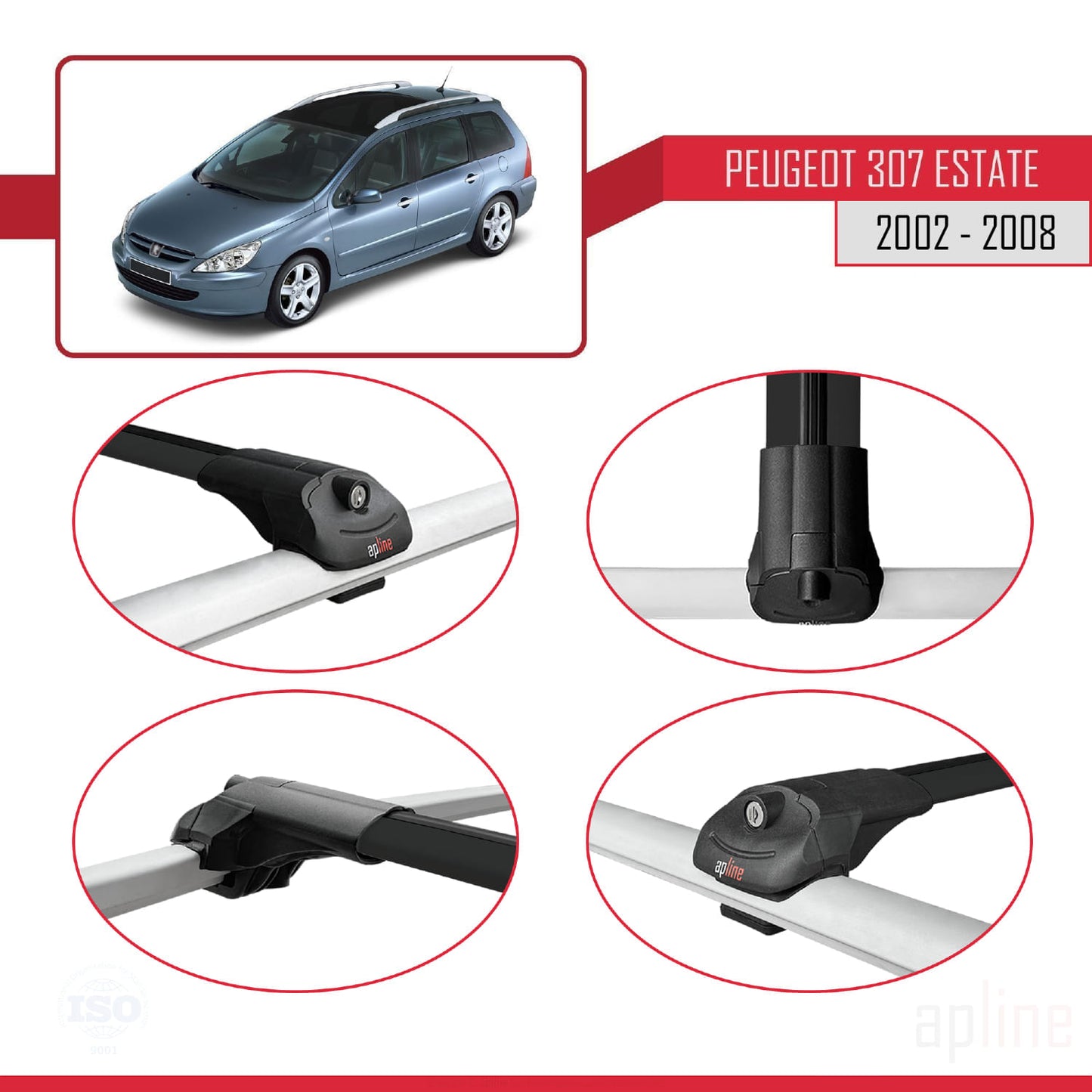 Compatible avec Peugeot 307 Break 2002-2008 ACE-1 Barres de Toit Railing Porte-Bagages de Voiture Noir Aluminium 2 Barres