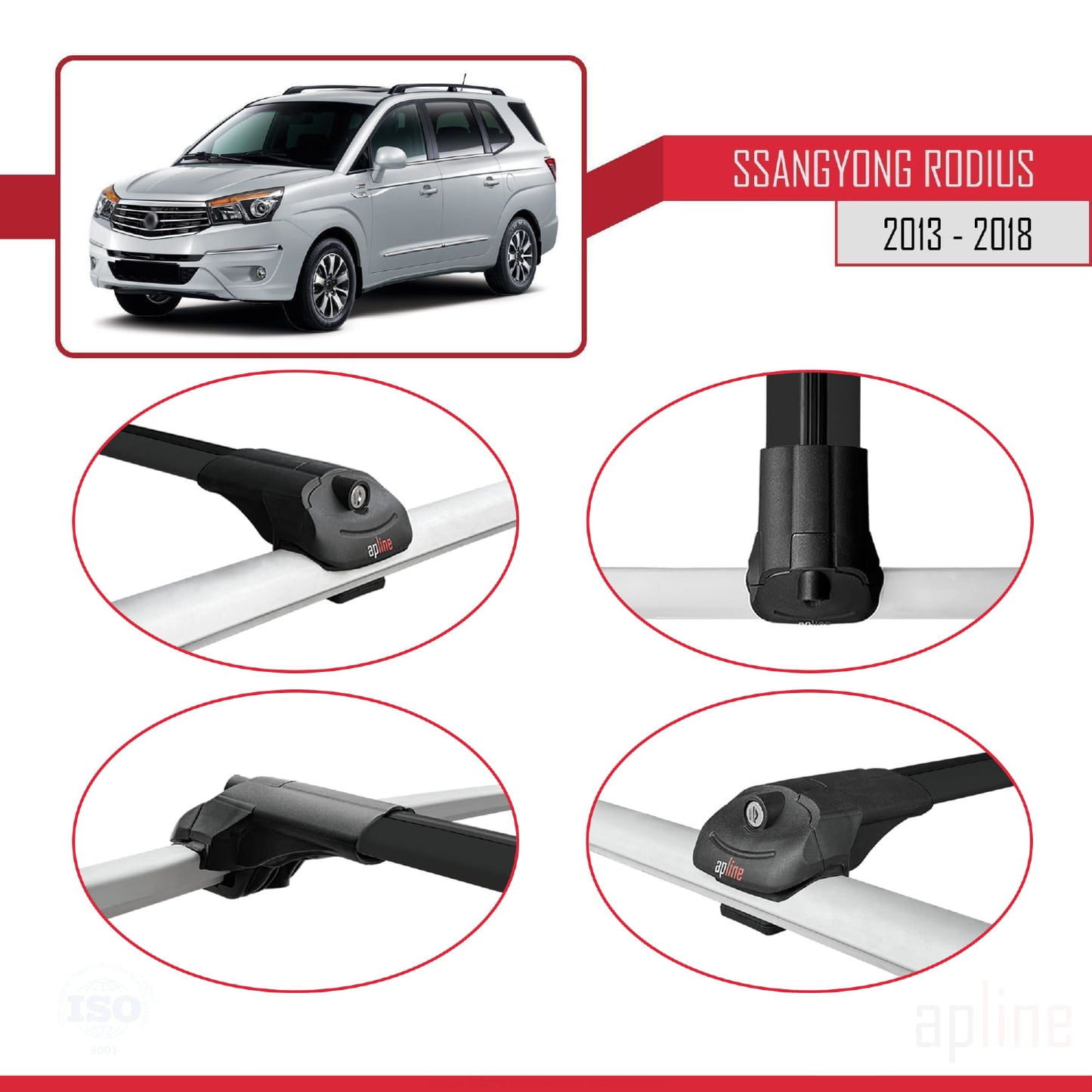 Compatible avec Ssangyong Rodius 2 2013-2018 ACE-1 Barres de Toit Railing Porte-Bagages de Voiture Noir Aluminium 3 Barres