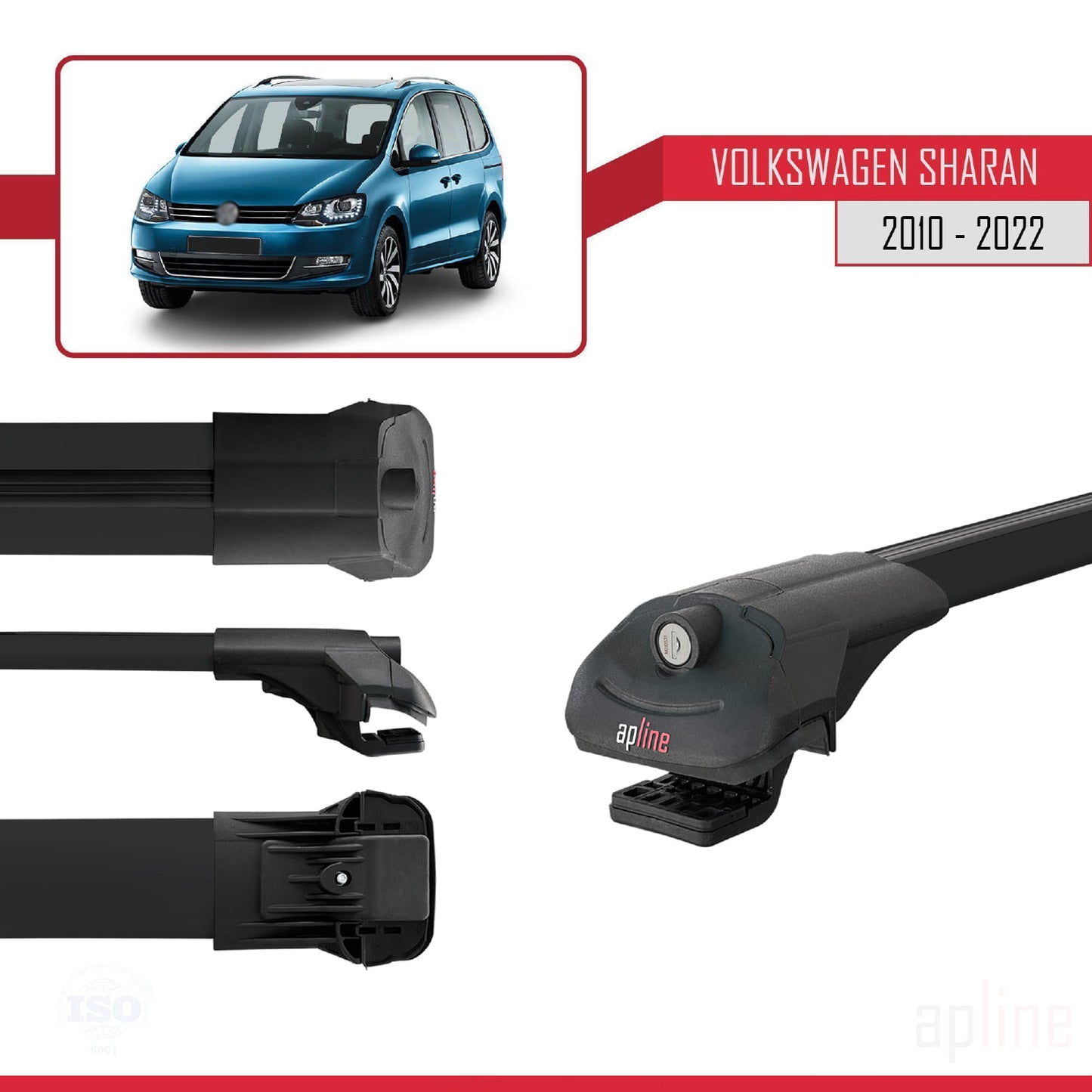 Compatible avec Volkswagen Sharan 2 (7N) 2010-2022 ACE-1 Barres de Toit Railing Porte-Bagages de Voiture Noir Aluminium 3 Barres