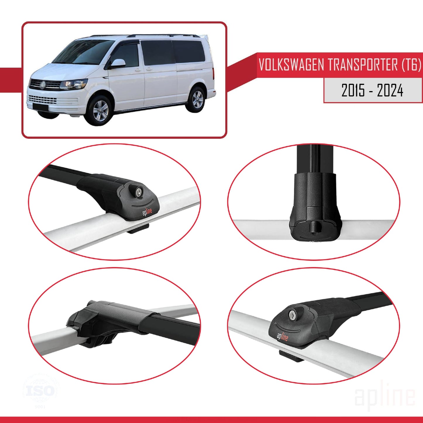 Compatible avec Volkswagen T6 Transporter 2015-2024 ACE-1 Barres de Toit Railing Porte-Bagages de Voiture Noir Aluminium 4 Barres