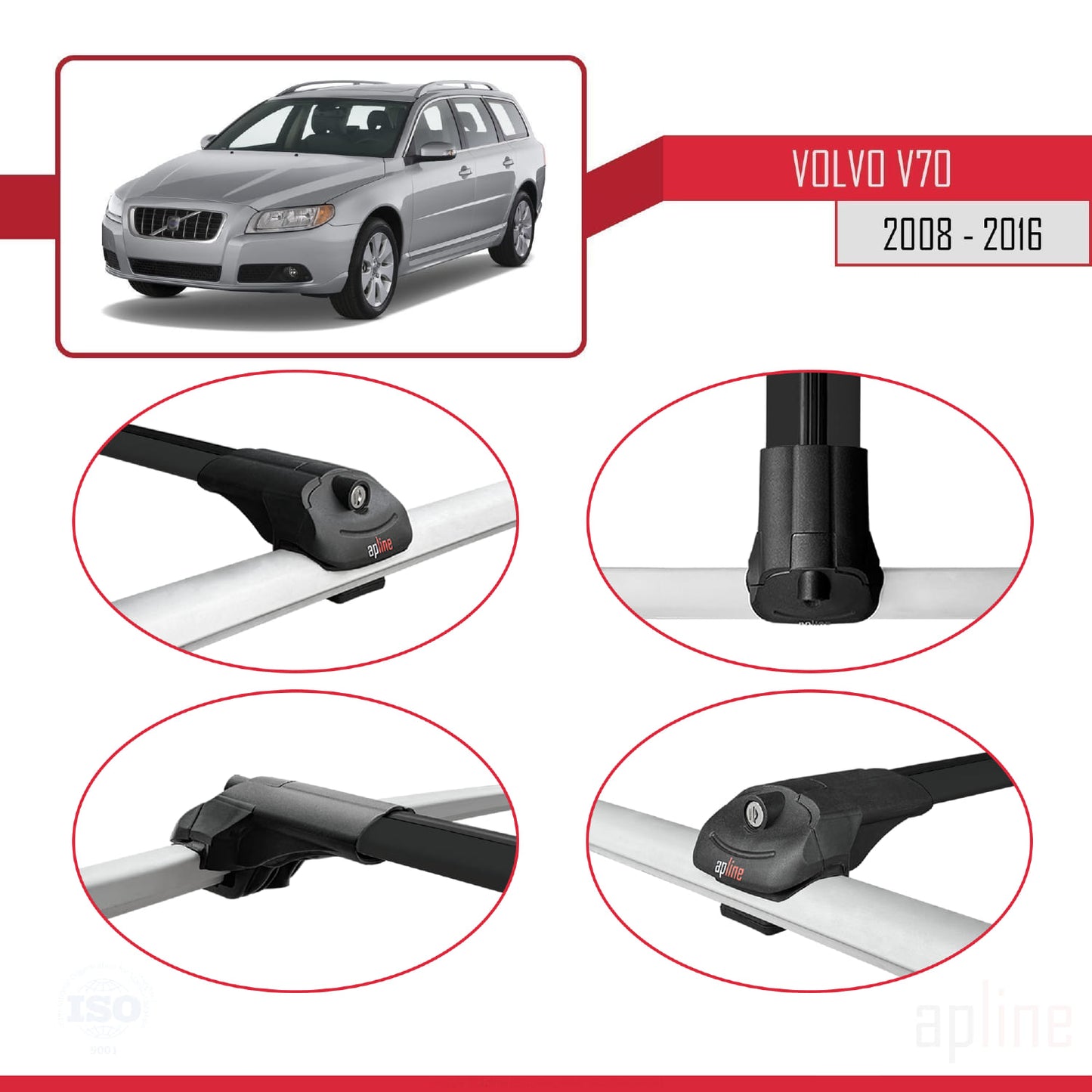 Compatible avec Volvo V70 III 2008-2016 ACE-1 Barres de Toit Railing Porte-Bagages de Voiture Noir Aluminium 3 Barres