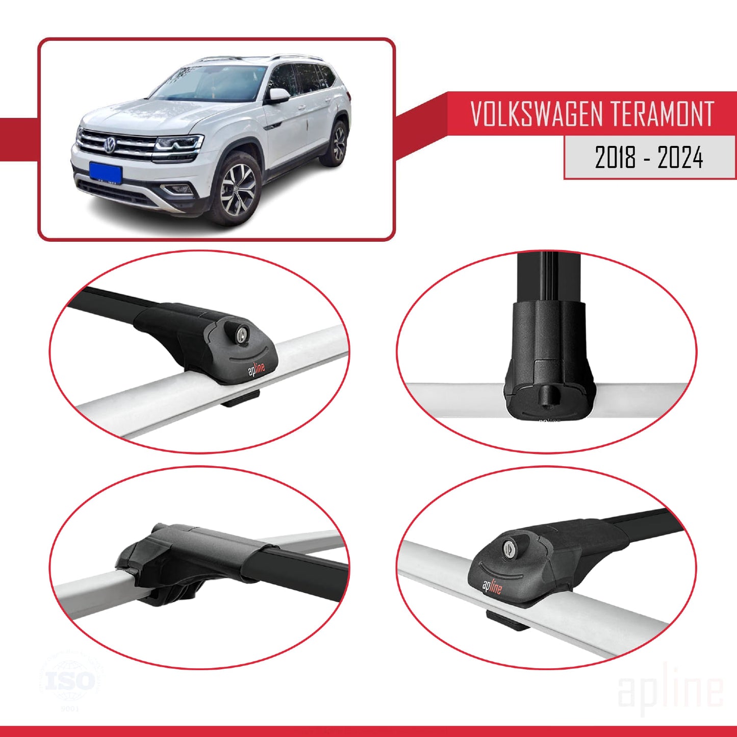 Compatible avec Volkswagen Teramont (CA1) 2018-2024 ACE-1 Barres de Toit Railing Porte-Bagages de Voiture Noir Aluminium 2 Barres