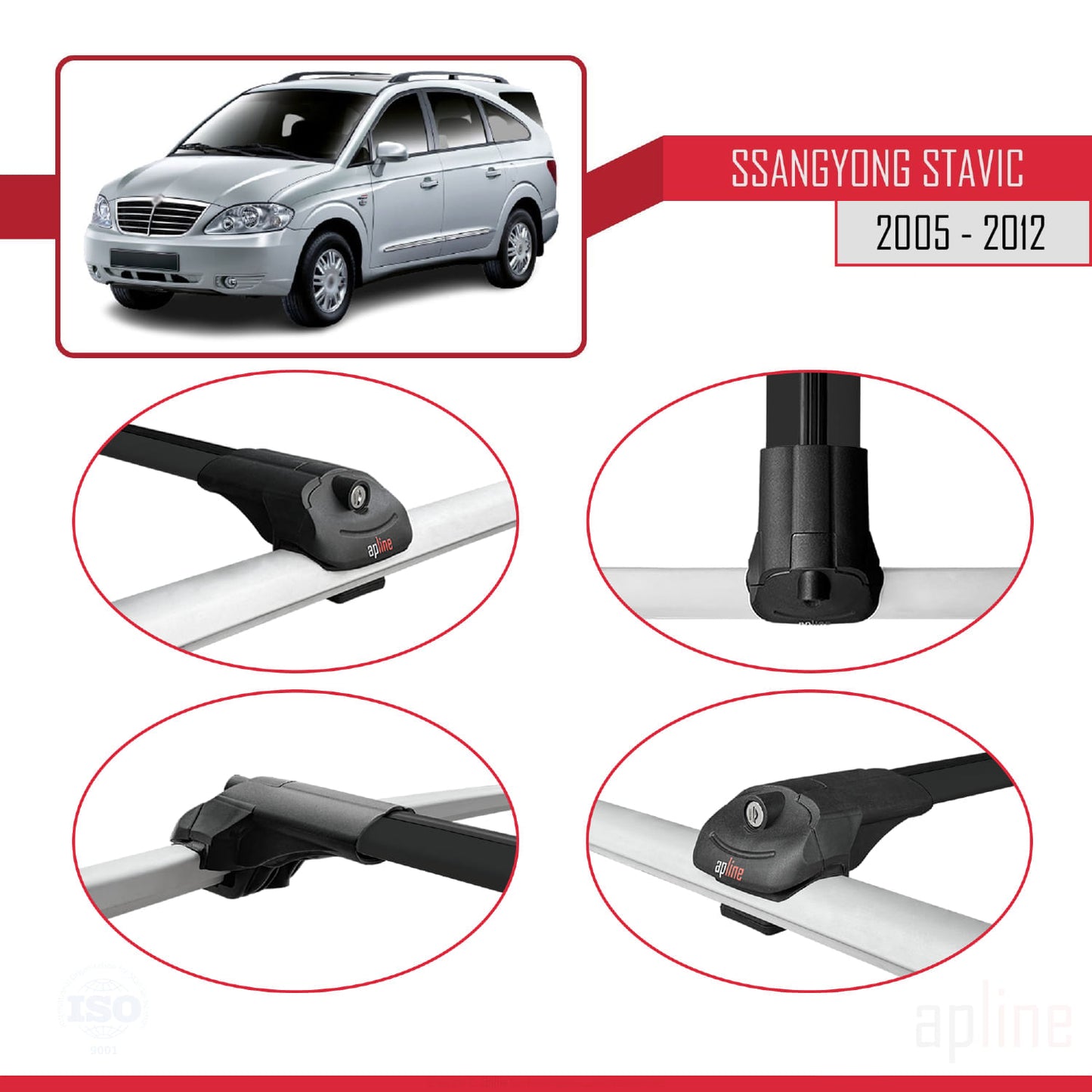 Compatible avec Ssangyong Stavic 2005-2012 ACE-1 Barres de Toit Railing Porte-Bagages de Voiture Noir Aluminium 2 Barres