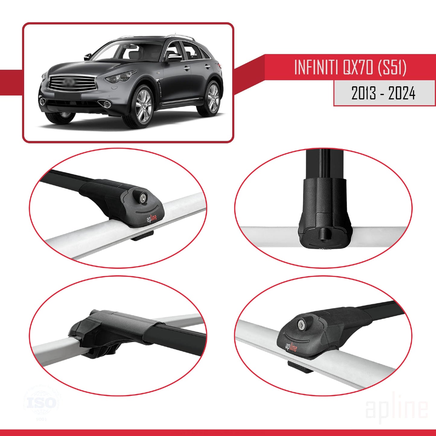 Compatible avec Infiniti QX70 (S51) 2013-2017 ACE-1 Barres de Toit Railing Porte-Bagages de Voiture Noir Aluminium 2 Barres