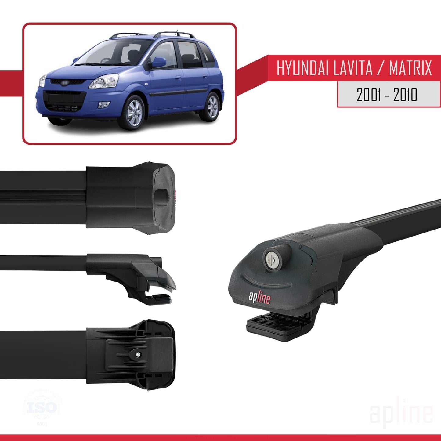 Compatible avec Hyundai Matrix (FC) 2001-2010 ACE-1 Barres de Toit Railing Porte-Bagages de Voiture Noir Aluminium 3 Barres