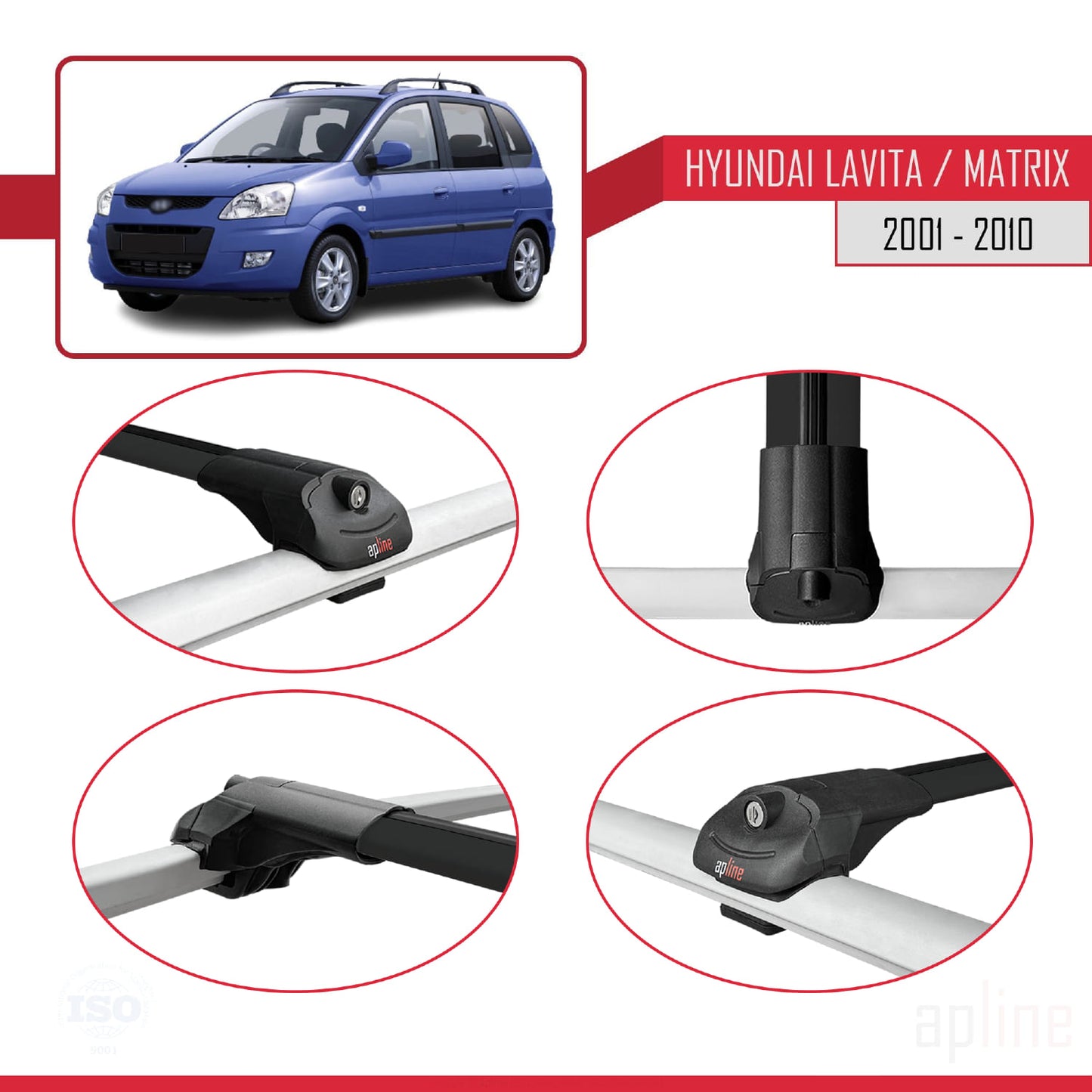Compatible avec Hyundai Matrix (FC) 2001-2010 ACE-1 Barres de Toit Railing Porte-Bagages de Voiture Noir Aluminium 3 Barres