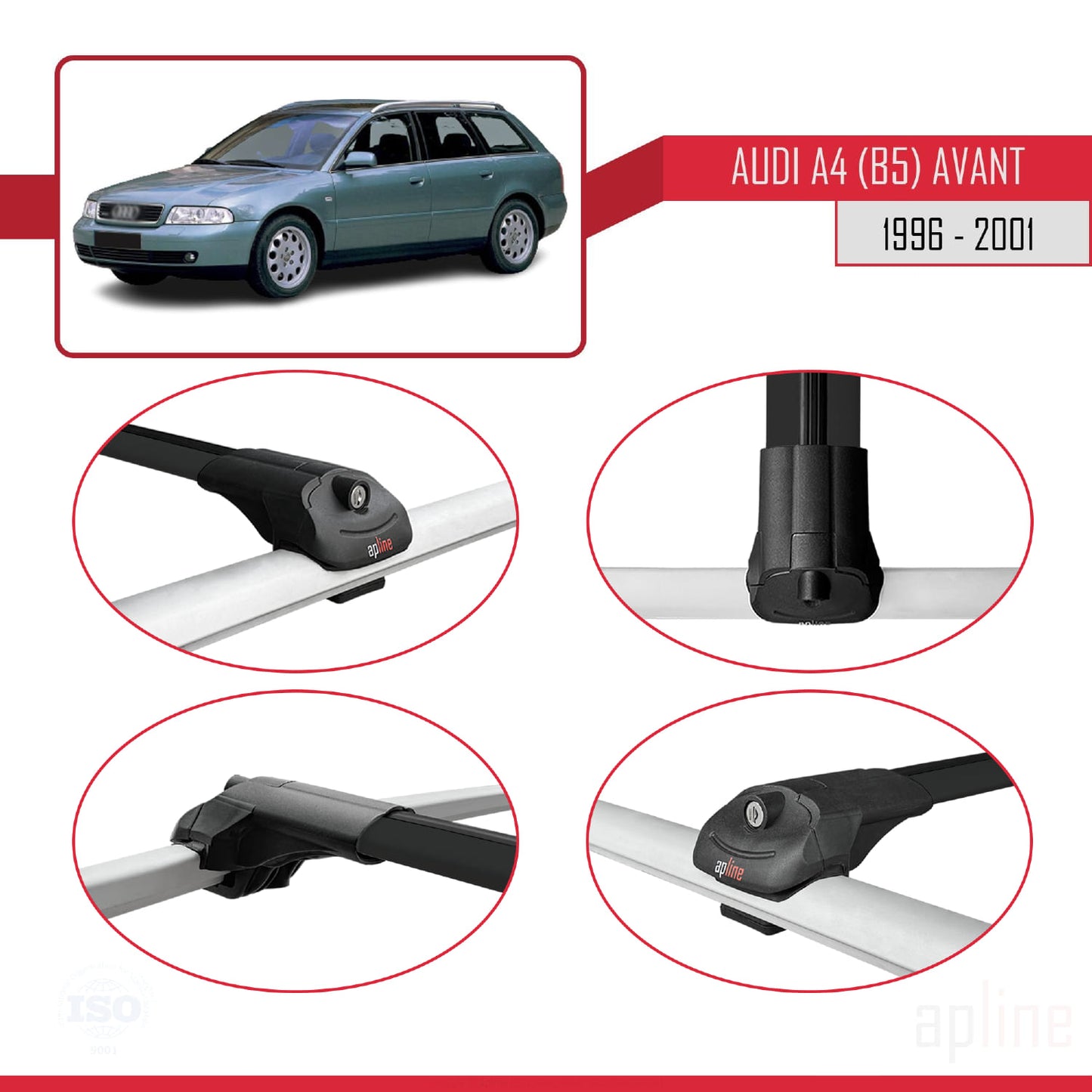 Compatible avec A4 (B5) Avant 1996-2001 ACE-1 Barres de Toit Railing Porte-Bagages de Voiture Noir Aluminium 3 Barres