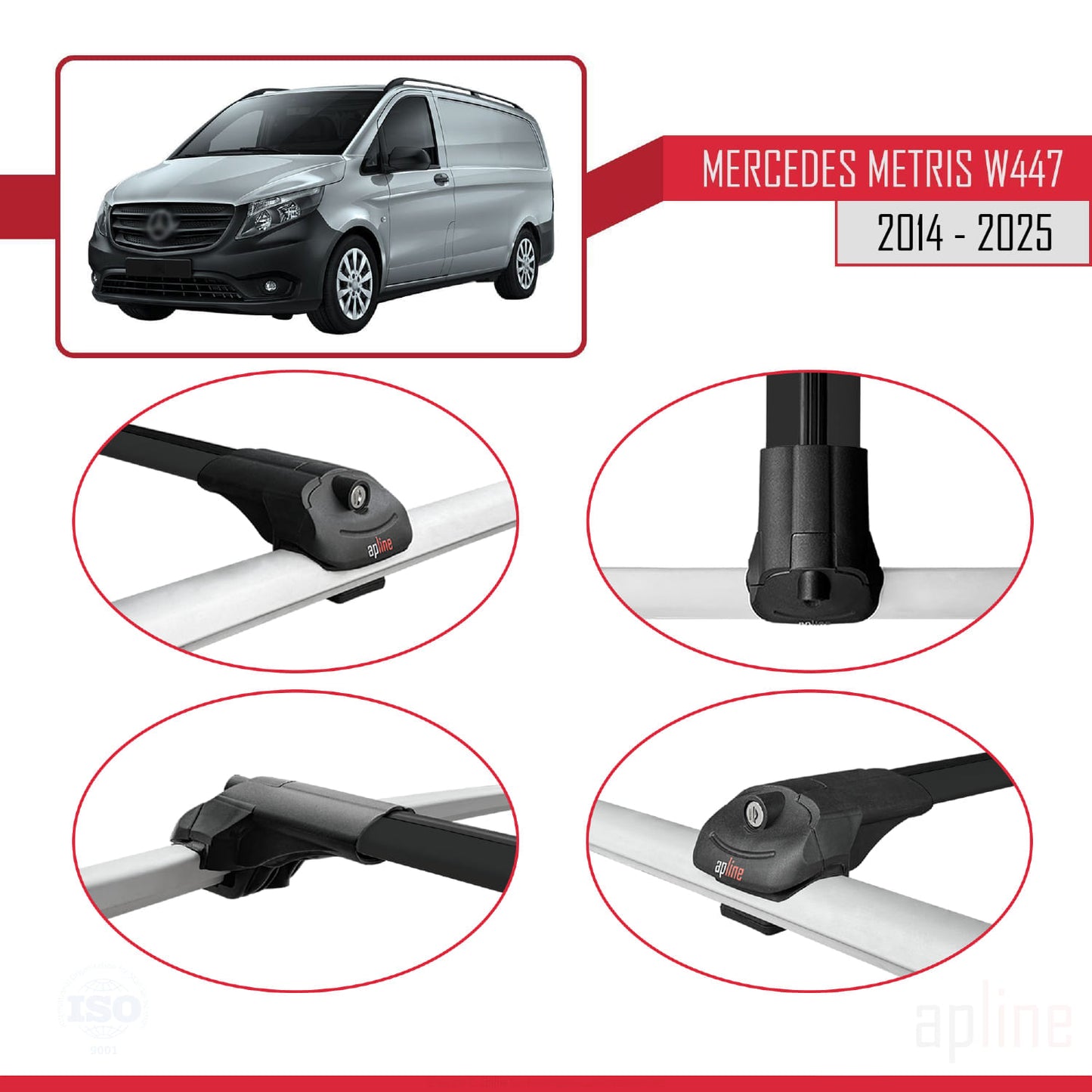 Compatible with Mercedes Metris (W447) 2014-2025 ACE-1 Car Roof Rack Cross Bar Black Aluminium 4 Bars
