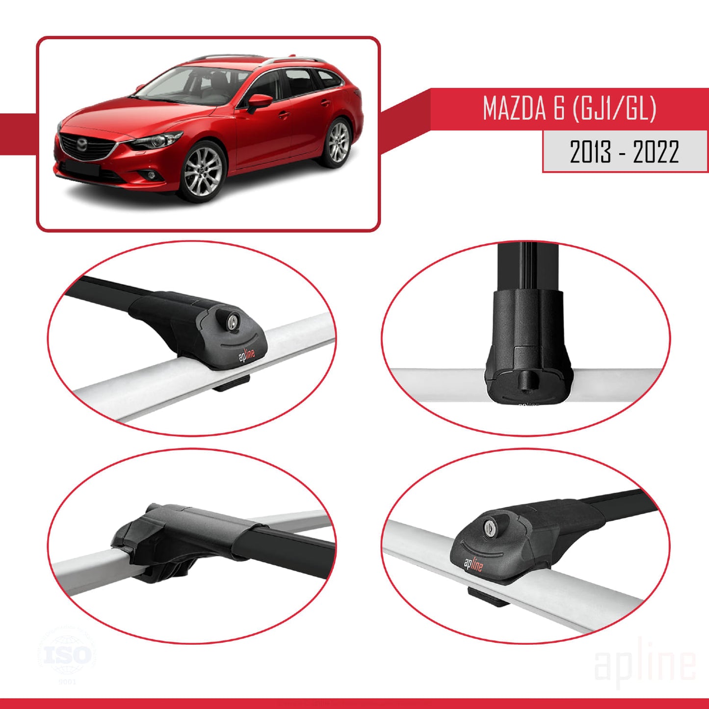 Compatible avec Mazda 6 III (GJ1/GL) 2013-2022 ACE-1 Barres de Toit Railing Porte-Bagages de Voiture Noir Aluminium 2 Barres