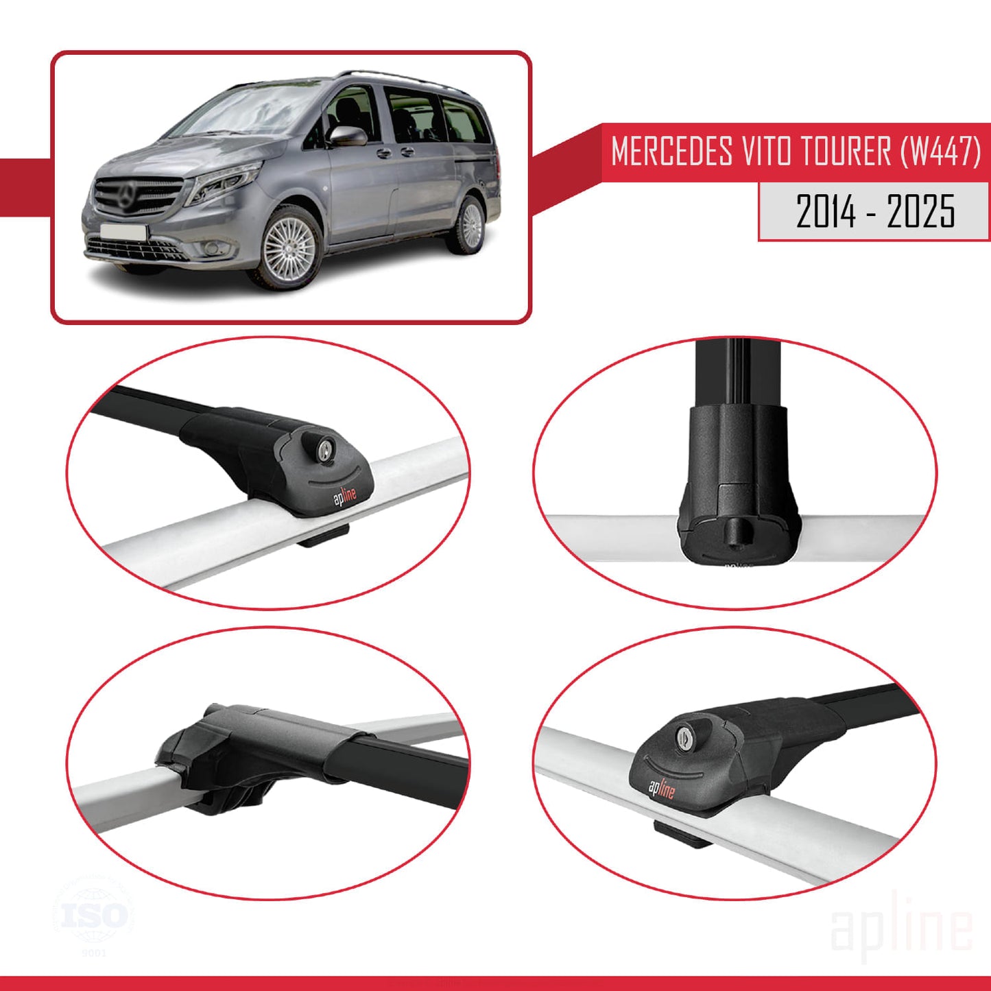 Compatible avec Mercedes Vito Tourer (W447) 2014-2025 ACE-1 Barres de Toit Railing Porte-Bagages de Voiture Noir Aluminium 2 Barres