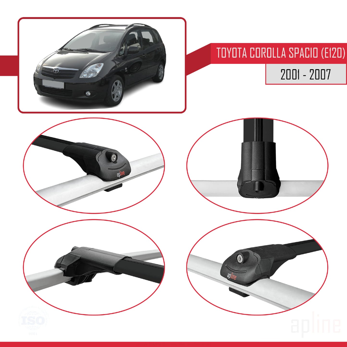 Compatible avec Toyota Corolla Spacio 2 (E120) 2001-2007 ACE-1 Barres de Toit Railing Porte-Bagages de Voiture Noir Aluminium 3 Barres