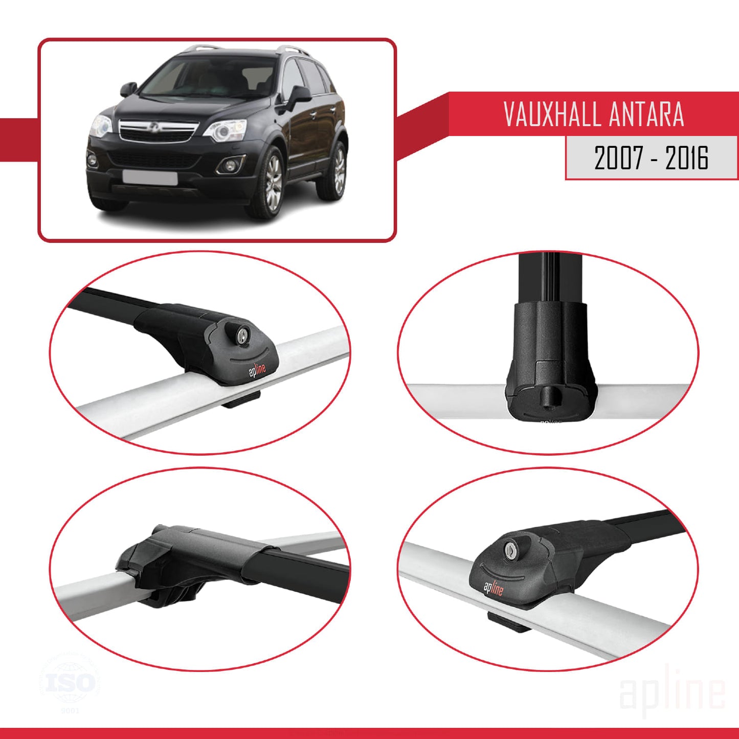 Compatible with Vauxhall Antara 2007-2016 ACE-1 Car Roof Rack Cross Bar Black Aluminium 2 Bars