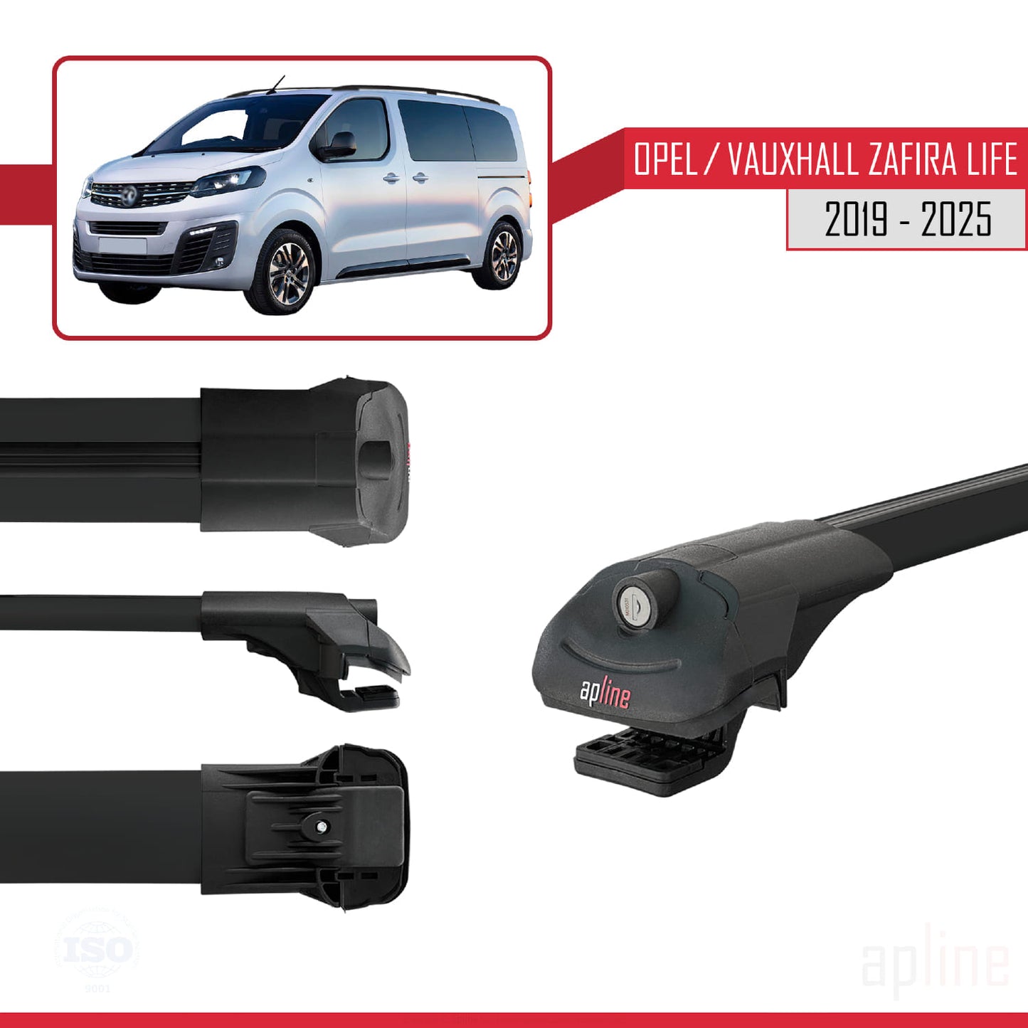 Compatible with Opel Zafira Life 2019-2025 ACE-1 Car Roof Rack Cross Bar Black Aluminium 2 Bars