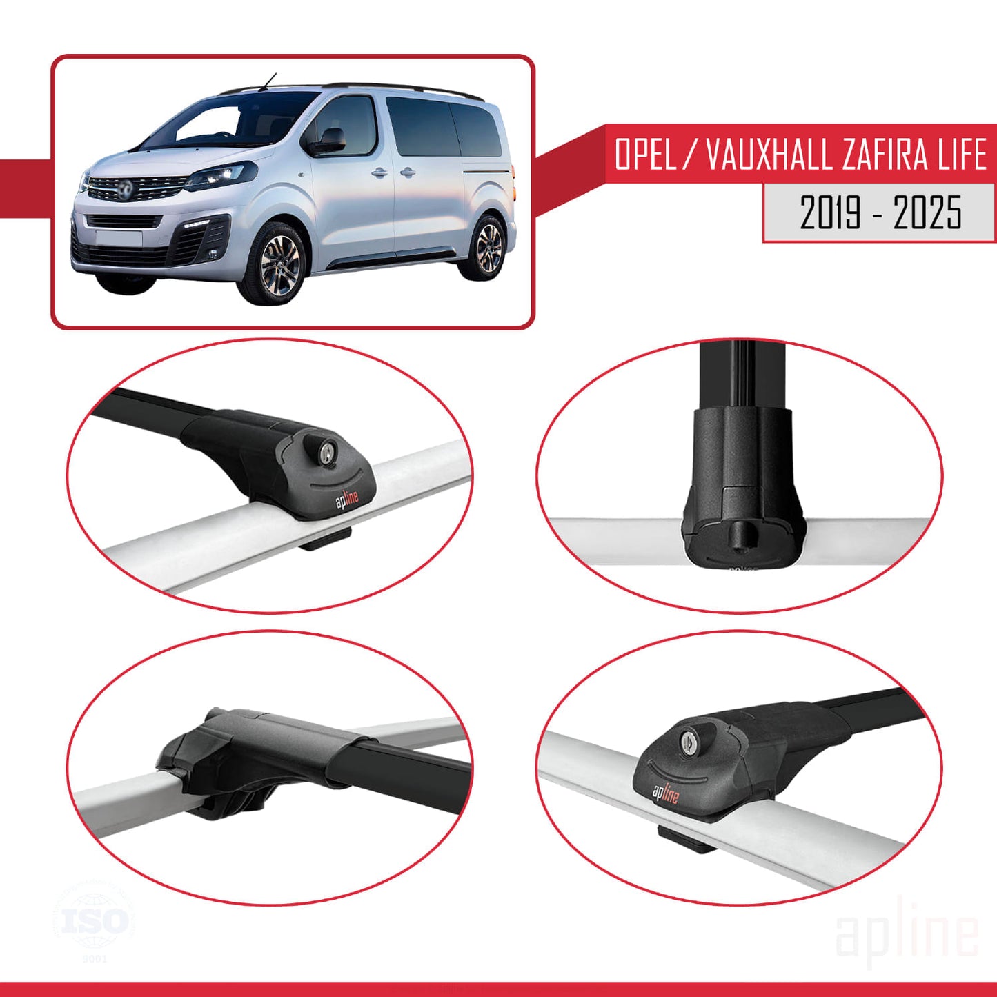Compatible with Opel Zafira Life 2019-2025 ACE-1 Car Roof Rack Cross Bar Black Aluminium 2 Bars