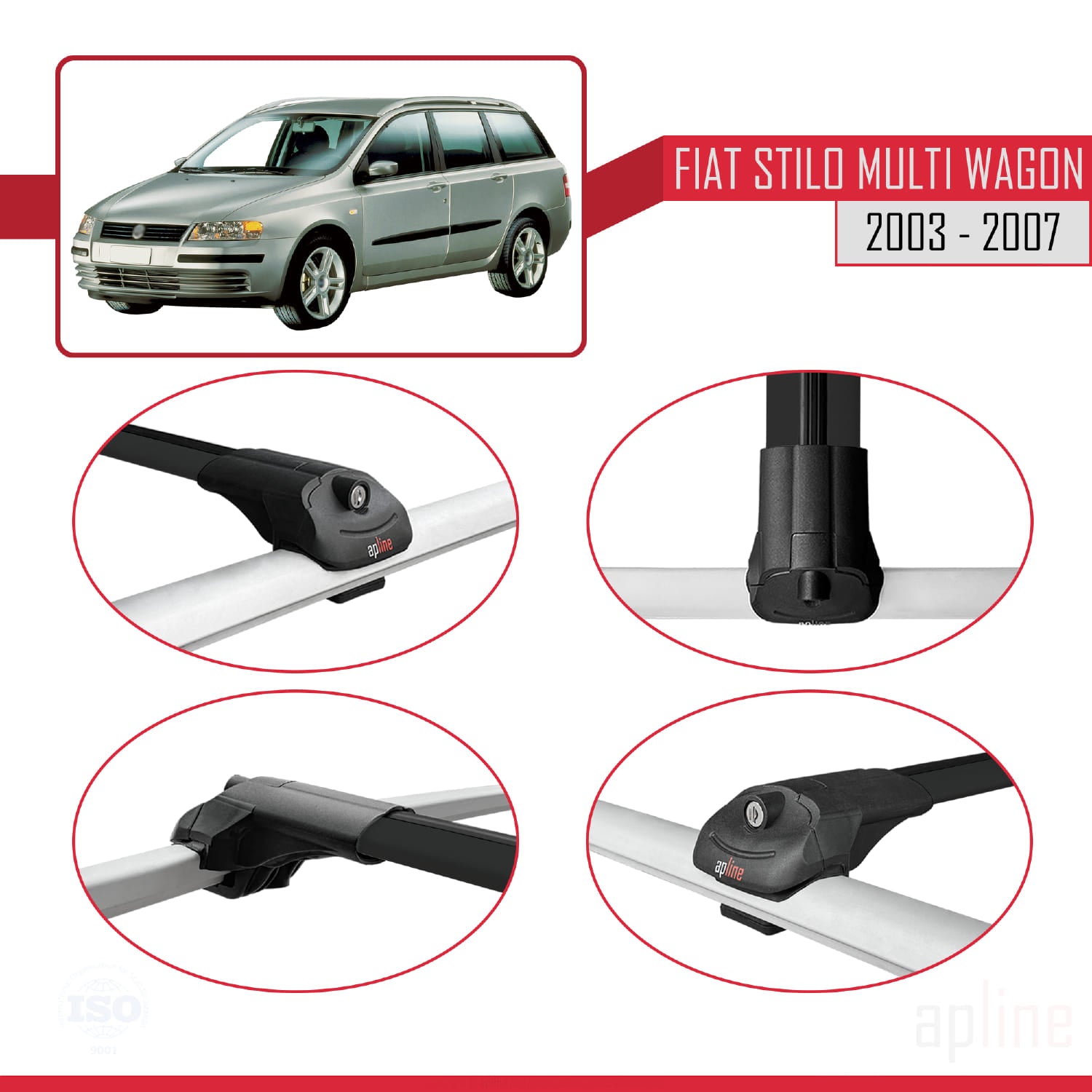 Compatible avec Fiat Stilo Multi Wagon 2003-2007 ACE-1 Barres de Toit Railing Porte-Bagages de Voiture Noir Aluminium 3 Barres