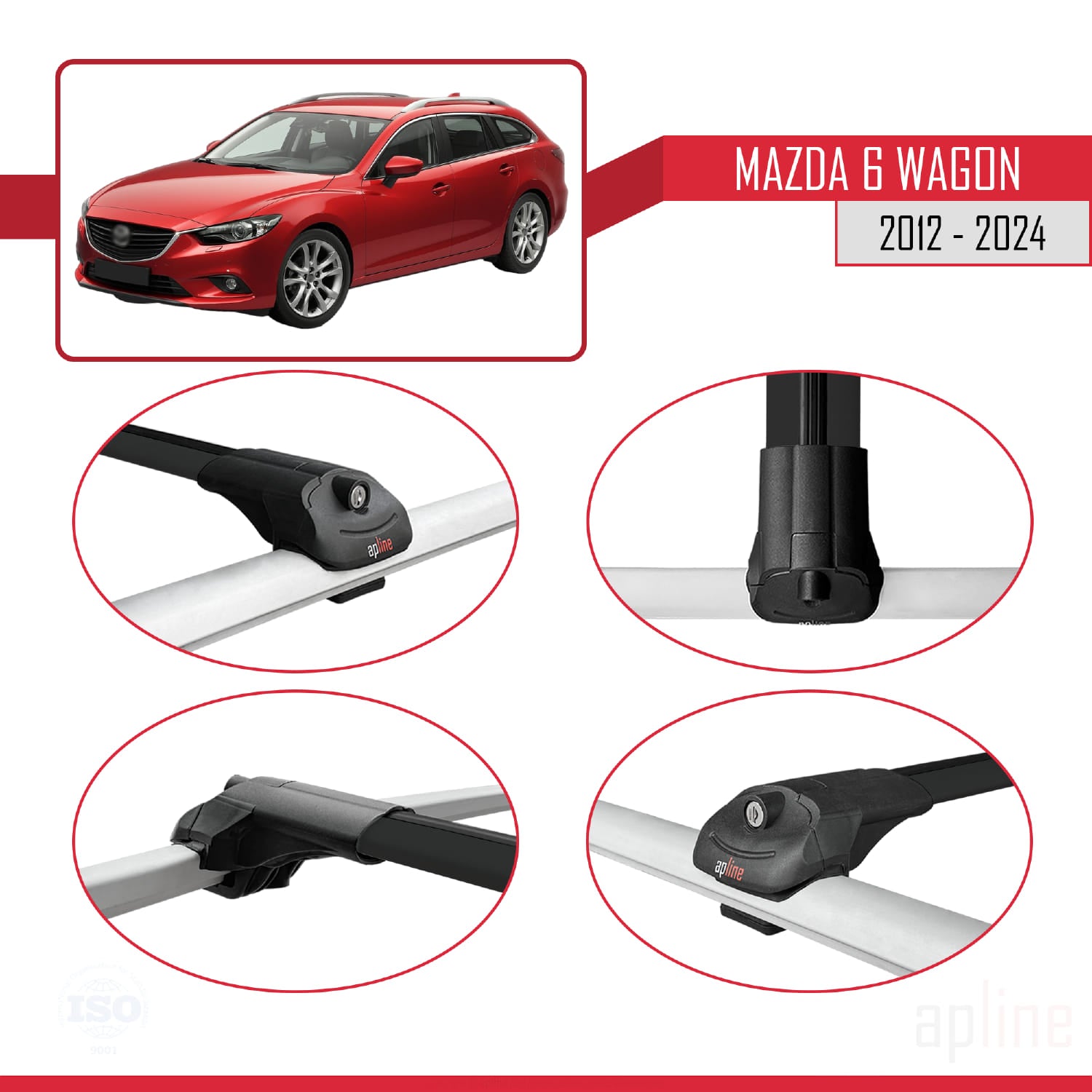 Compatible avec Mazda 6 Wagon 2012-2024 ACE-1 Barres de Toit Railing Porte-Bagages de Voiture Noir Aluminium 2 Barres