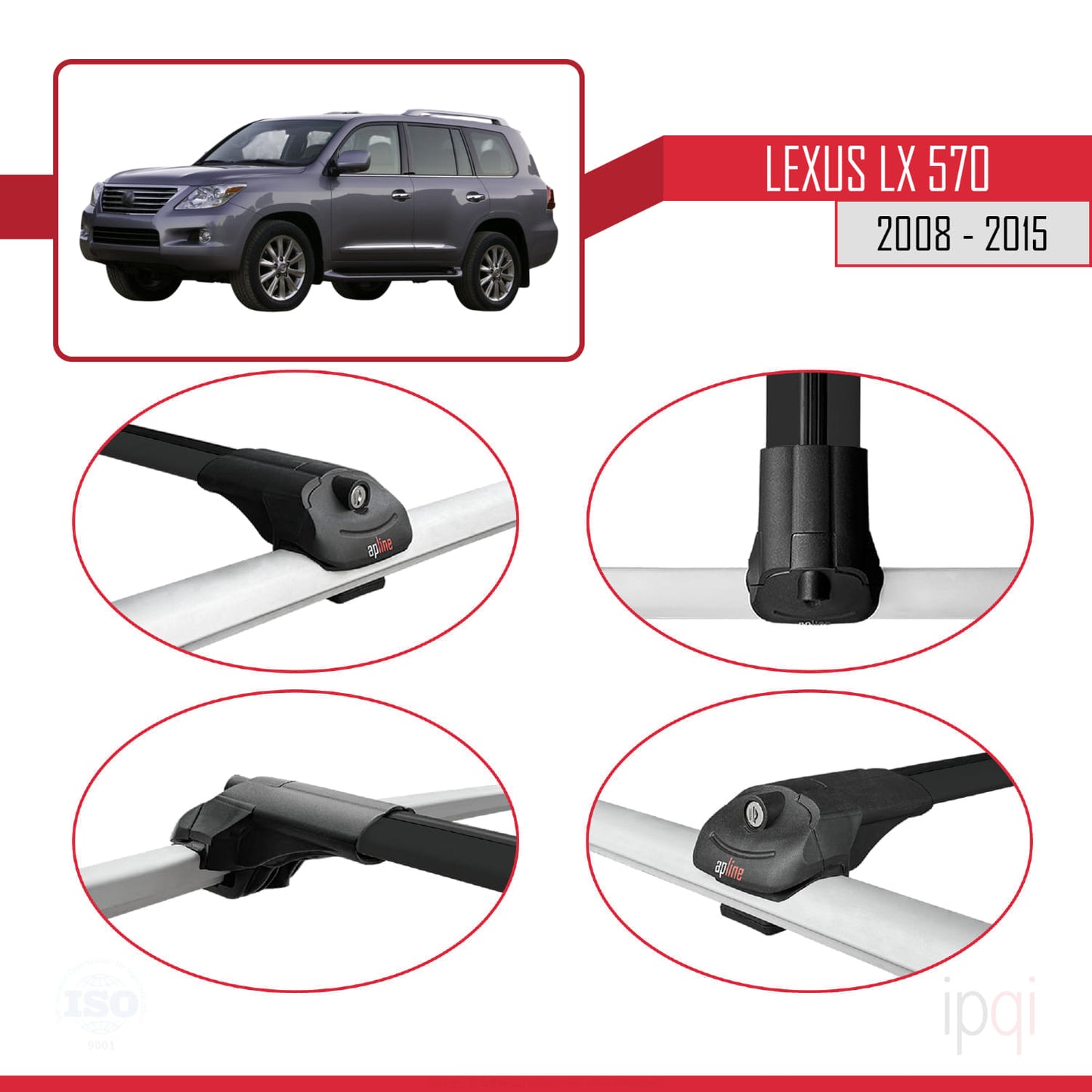 Compatible avec Lexus LX 570 2008-2015 ACE-1 Barres de Toit Railing Porte-Bagages de Voiture Noir Aluminium 3 Barres