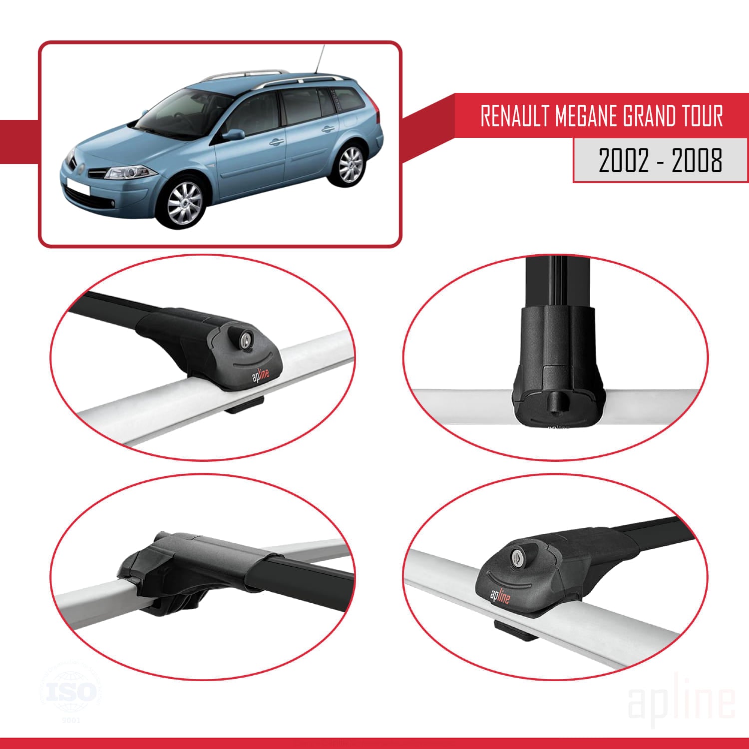 Compatible avec Renault Megane Grand Tour 2002-2008 ACE-1 Barres de Toit Railing Porte-Bagages de Voiture Noir Aluminium 2 Barres