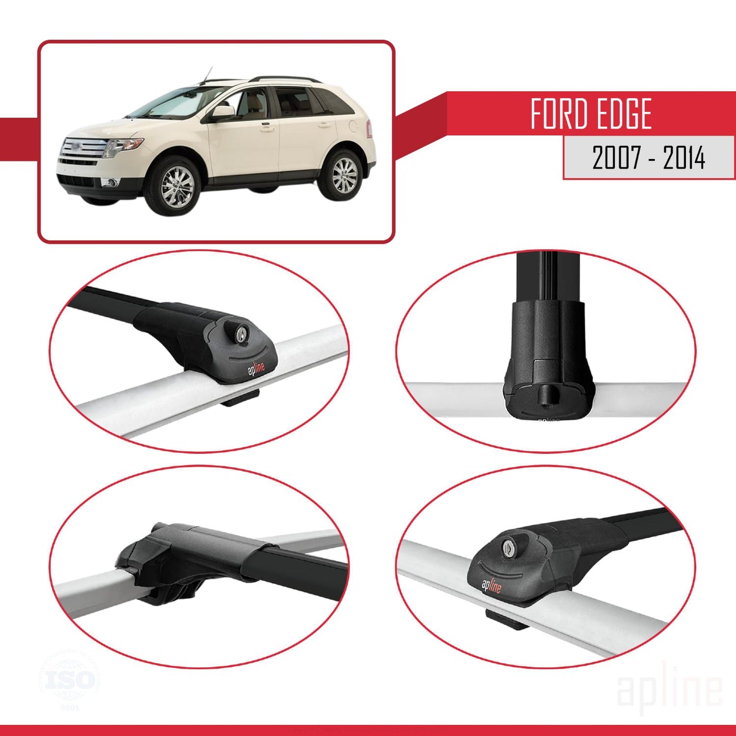 Compatible avec Ford Edge 2007-2014 ACE-1 Barres de Toit Railing Porte-Bagages de Voiture Noir Aluminium 3 Barres