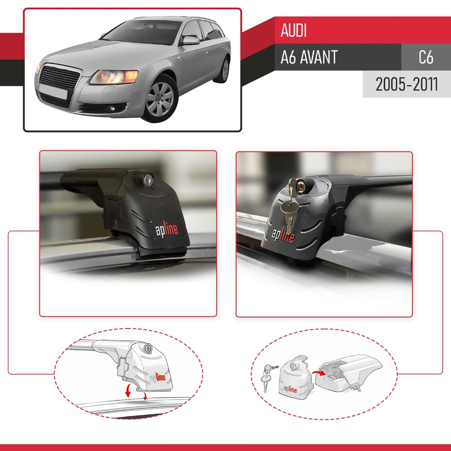 Compatible avec Audi A6 (C6) Avant 2005-2011 ACE-2 modèle Barres de Toit Railing Porte-Bagages de Voiture Noir Aluminium Barres