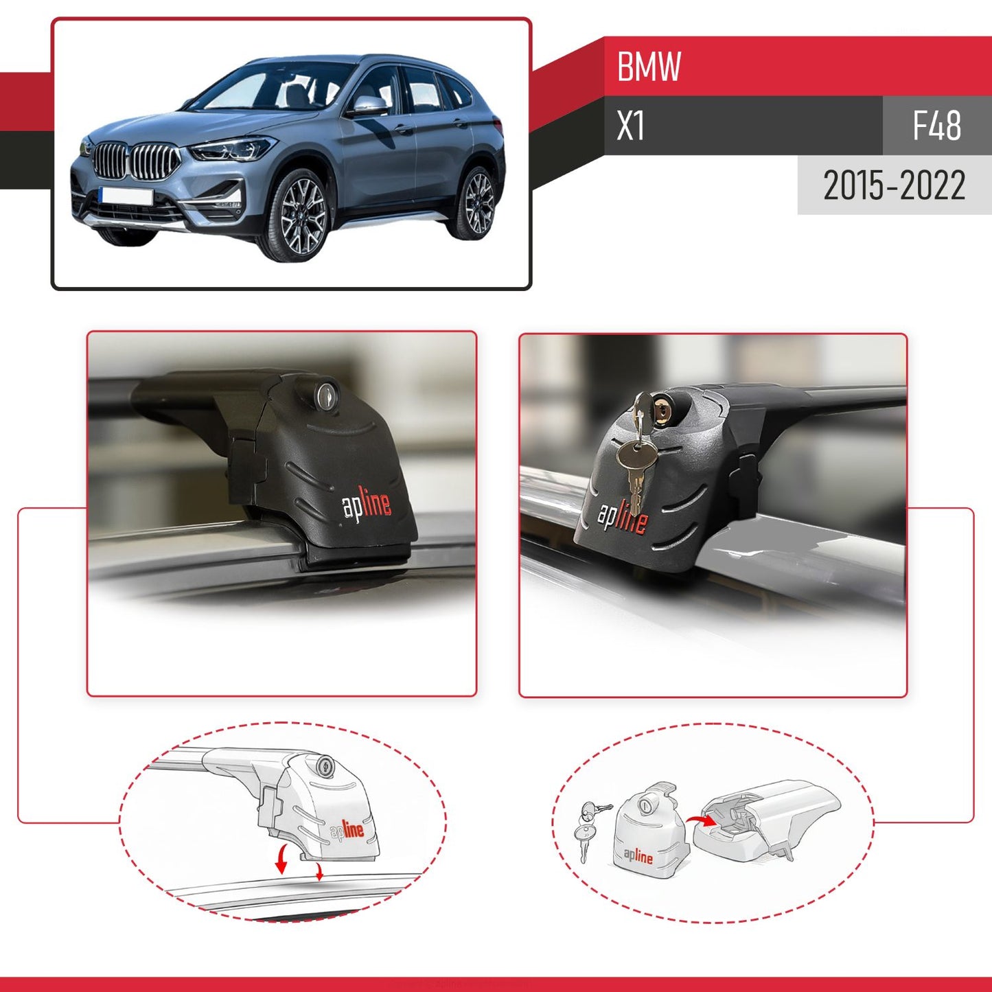 Compatible avec BMW X1 (F48) 2015-2022 ACE-2 modèle Barres de Toit Railing Porte-Bagages de Voiture Noir Aluminium Barres